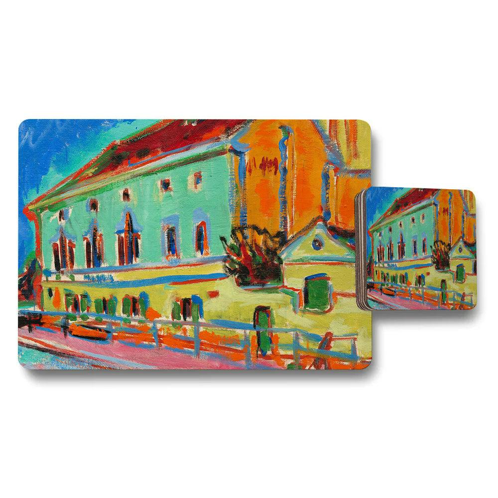 Rackhams Turquoise/Yellow/Orange Vibrant Cityscape Placemat And Coaster Set With Abstract Art