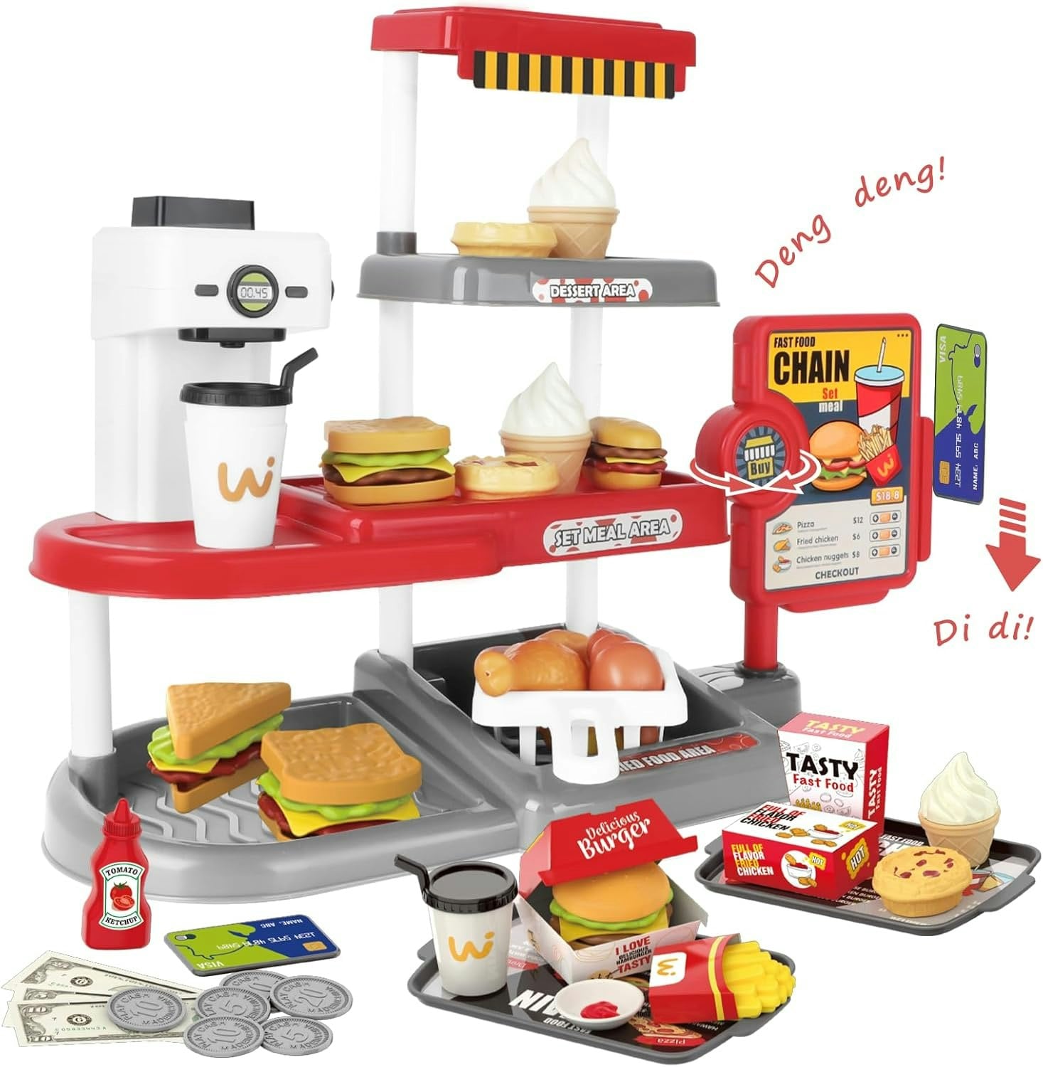 Deao Toys Red 71Pcs Kids Fast Food Playset Caterer Kitchen Toy Set - 3+
