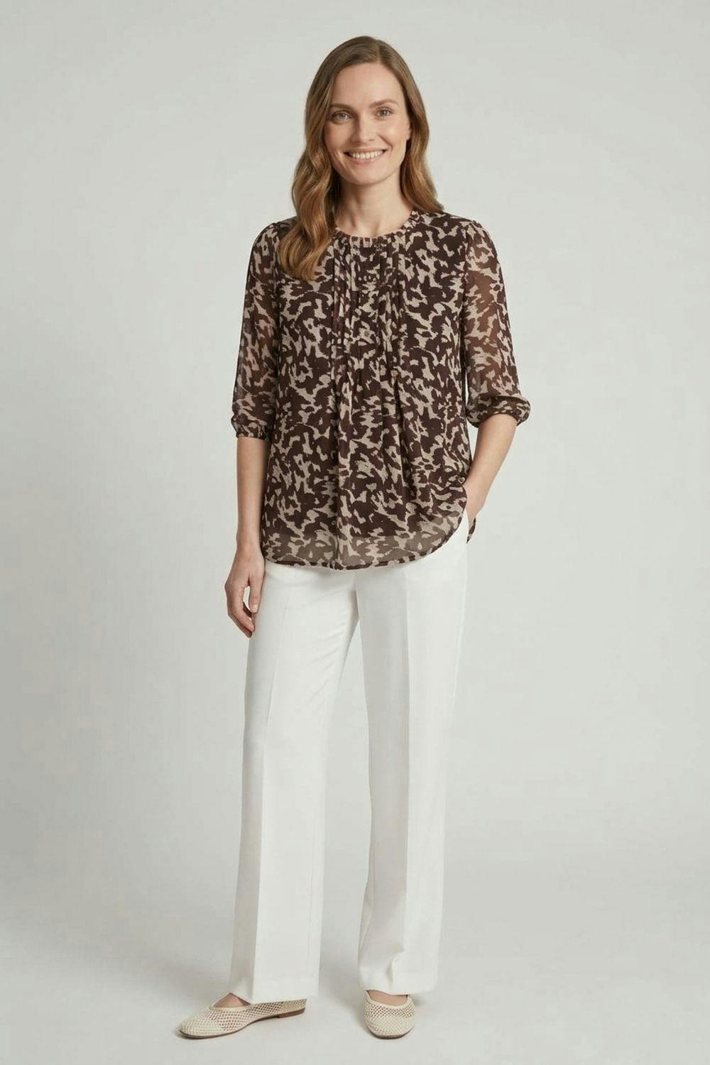 Izabel London Brown Printed Semi Sheer 3/4 Sleeve Blouse - 18