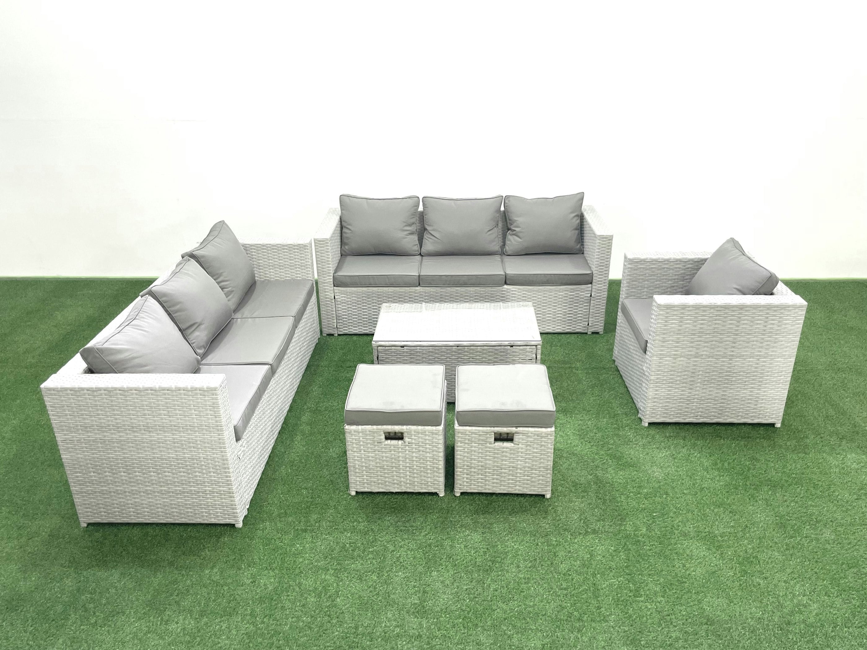 Fimous Light/Grey Wicker Pe Rattan Sofa Garden Furniture Set With Armchair Oblong Coffee Table 2 Small Footstools Mixed