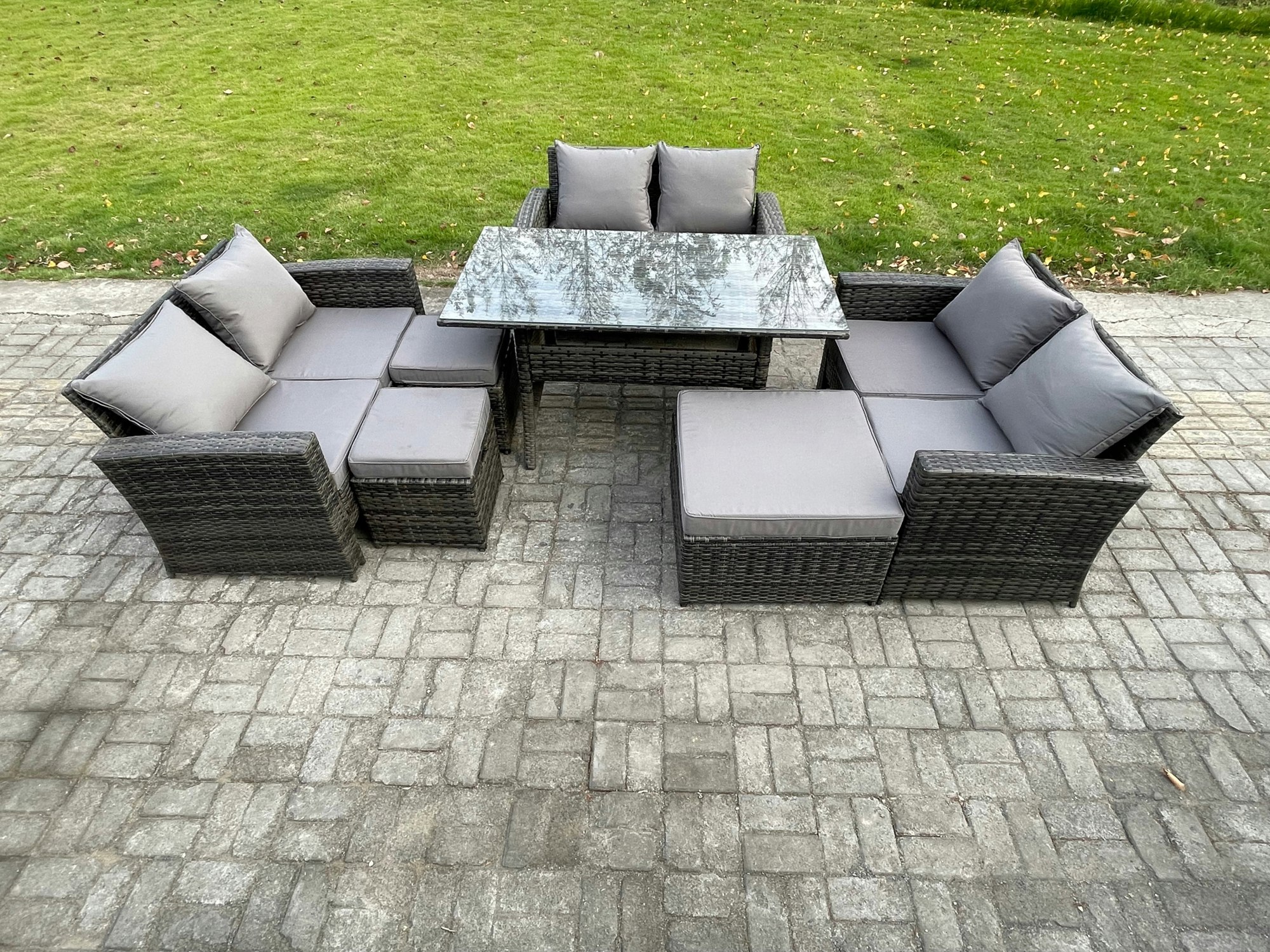 Fimous Dark/Grey Wicker Pe Rattan Garden Furniture Sets Outdoor Lounge Sofa Set With Oblong Dining Table Double Seat Sofa 3 Footstools Mixed