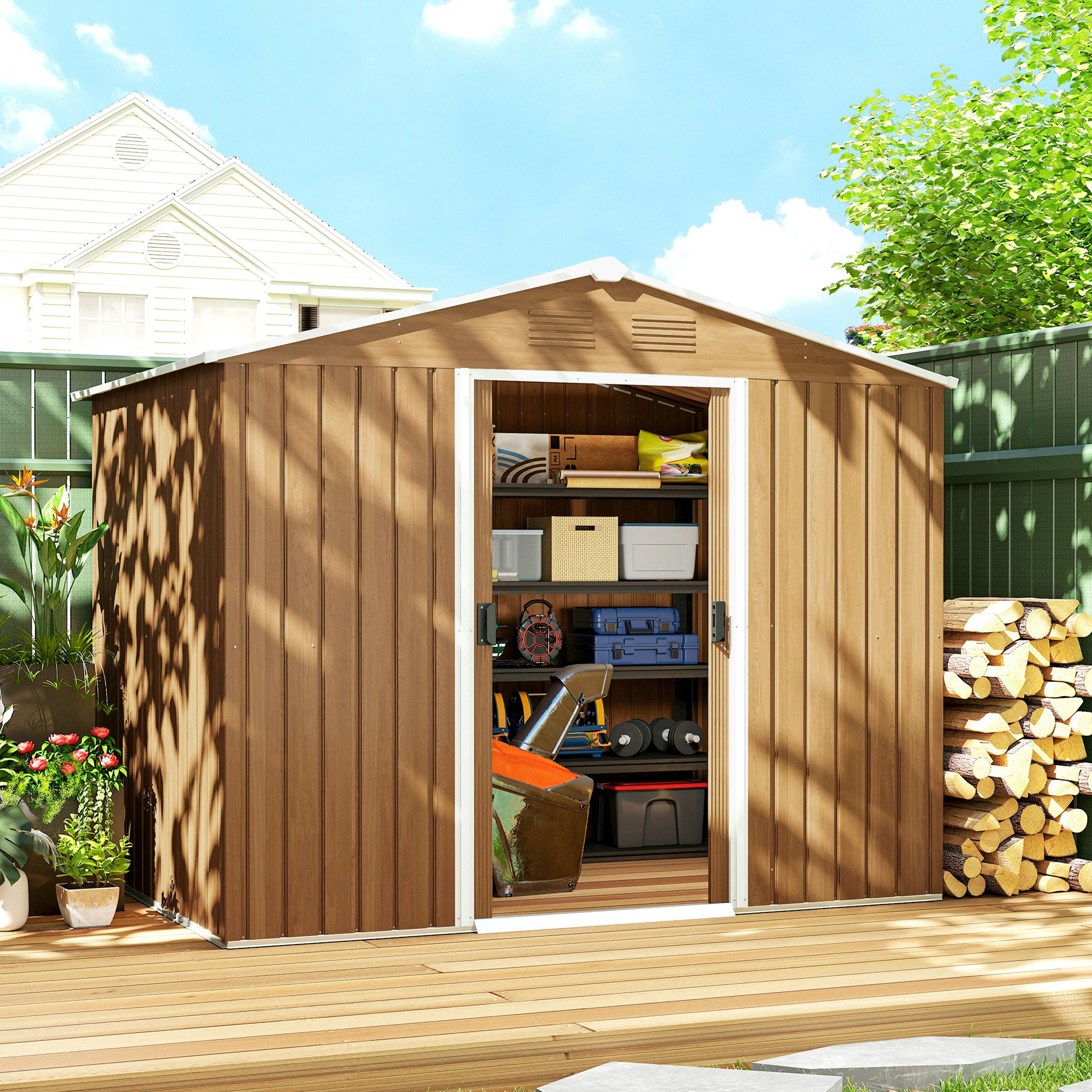 Outsunny Brown 8 X 6Ft Garden Storage Shed With Double Door Wood Effect