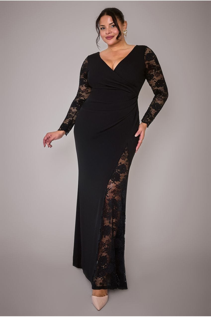 Goddiva Plus Black Scuba & Lace Wrap Maxi Dress - By - 20