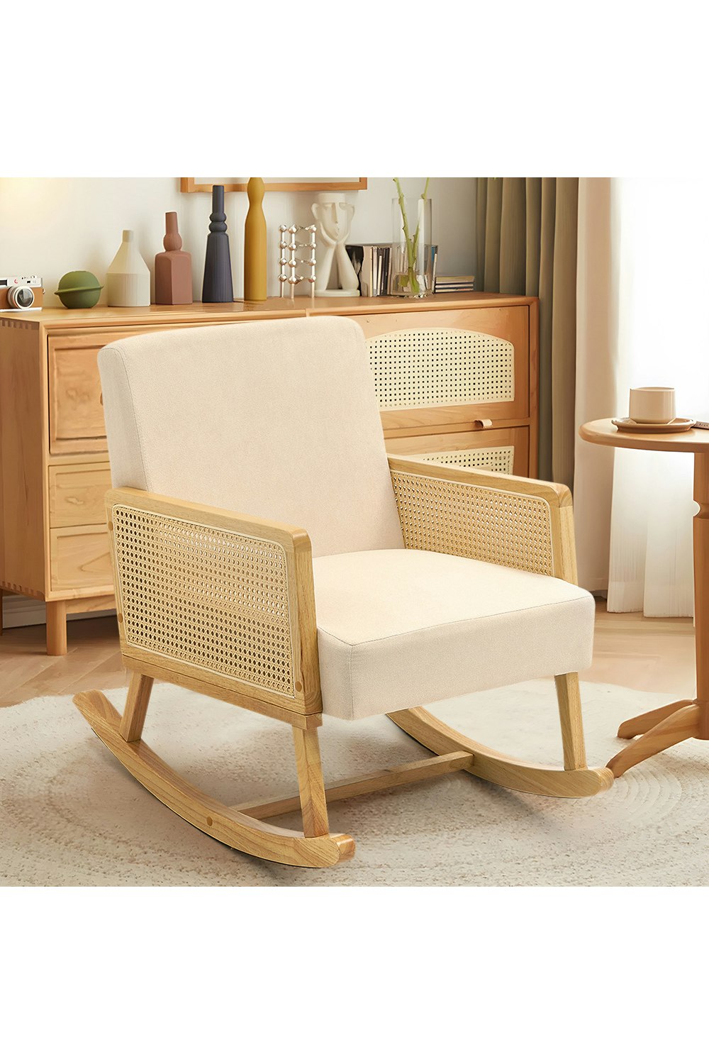 Rackhams Beige Linen Wooden Rocking Chair
