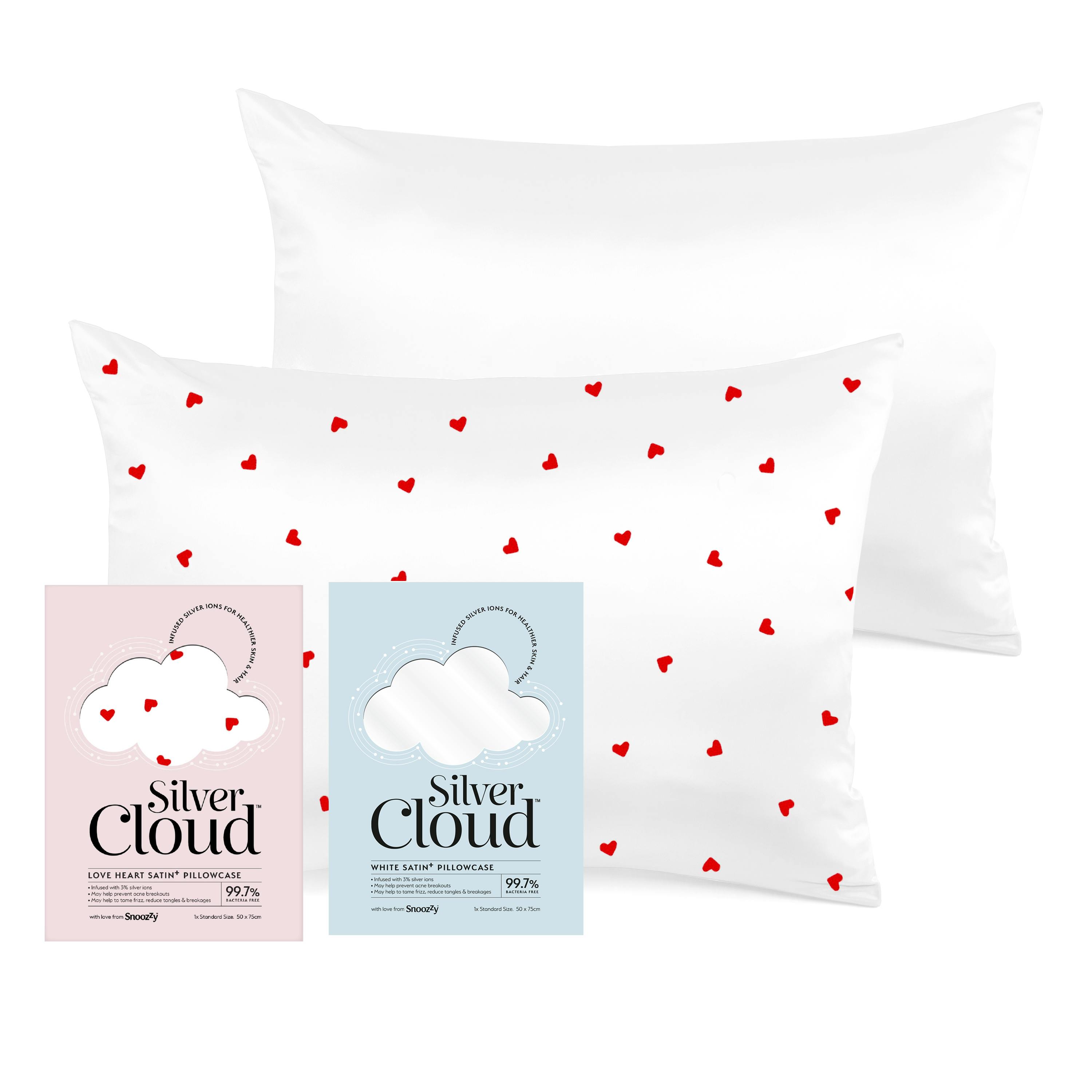 Rackhams Silver/White Cloud Heart Print & Satin Pillowcase Twinpack