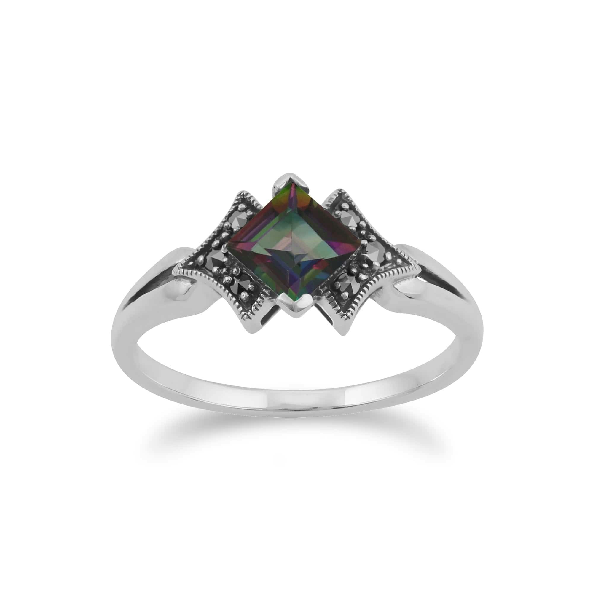 Gemondo Silver Art Deco Style Square Mystic Topaz & Marcasite Ring In 925 Sterling - O