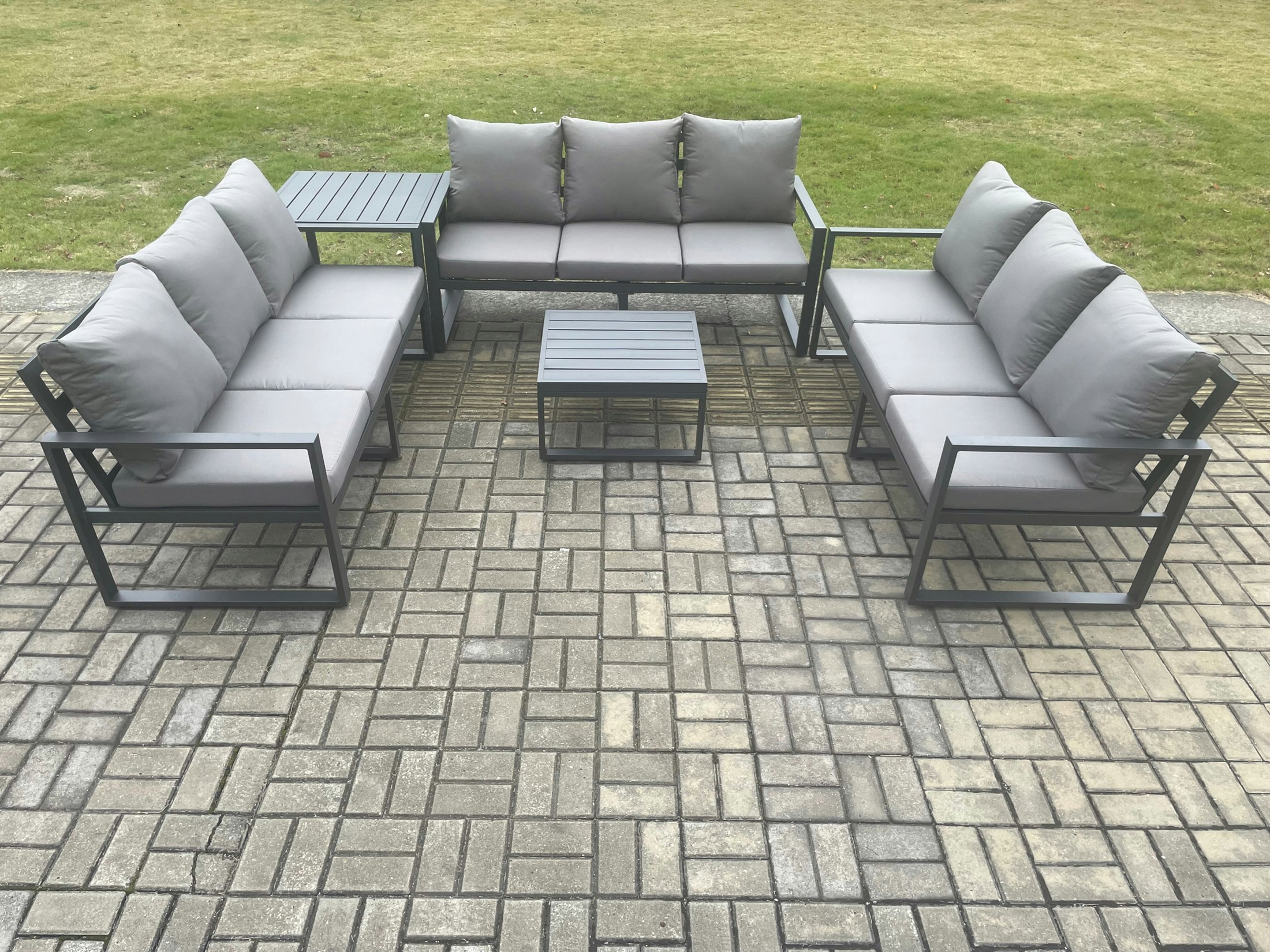 Rackhams Dark/Grey Aluminium 9 Seater Outdoor Garden Furniture Set Patio Lounge Sofa With Square Coffee Table Side Table Conservatory Set