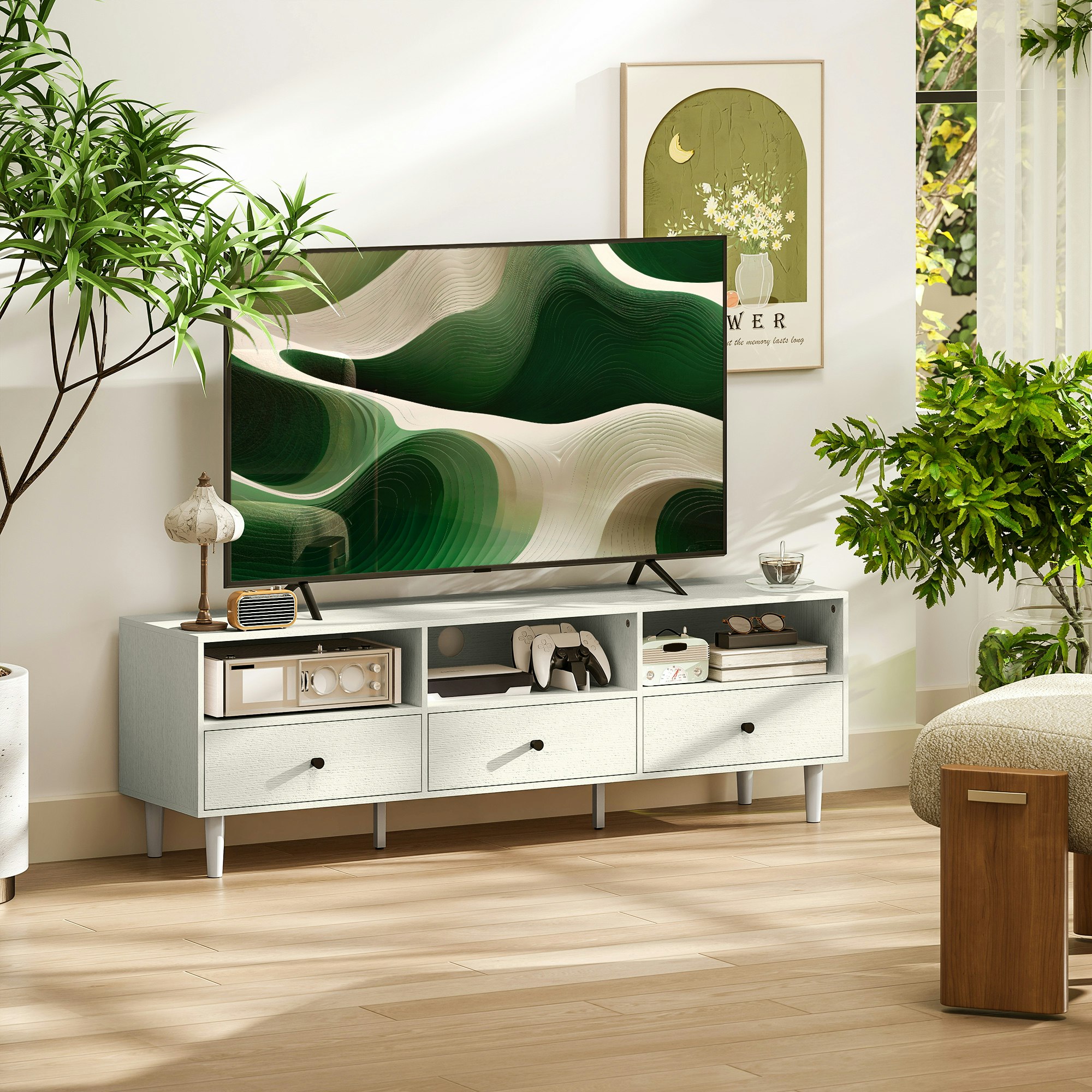 Rackhams White/Cream Tv Unit, Tv Cabinet For Up To 75", With Drawers, Shelves,