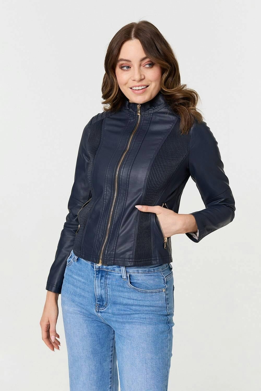 Izabel London Zip Front Faux Leather Jacket - 14 - Navy