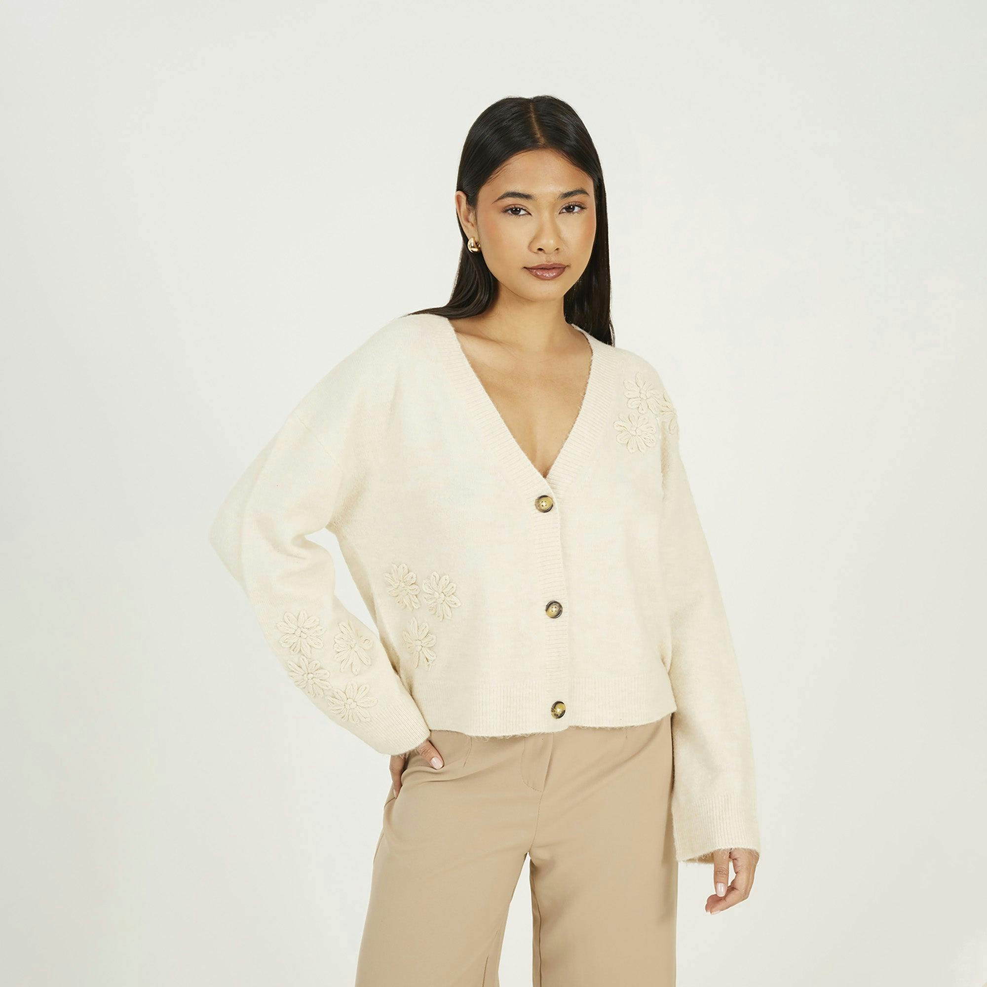 Brave Soul Floral Embroidery V-Neck Cardigan - Stone - Stone - M