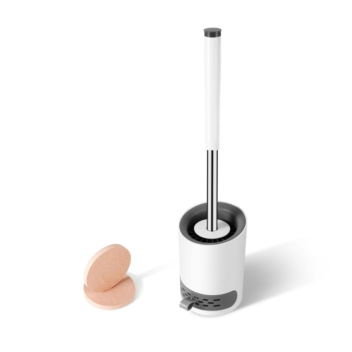 Nicoman White Round Toilet Brush & Holder With Silicone Head And Dry Pad