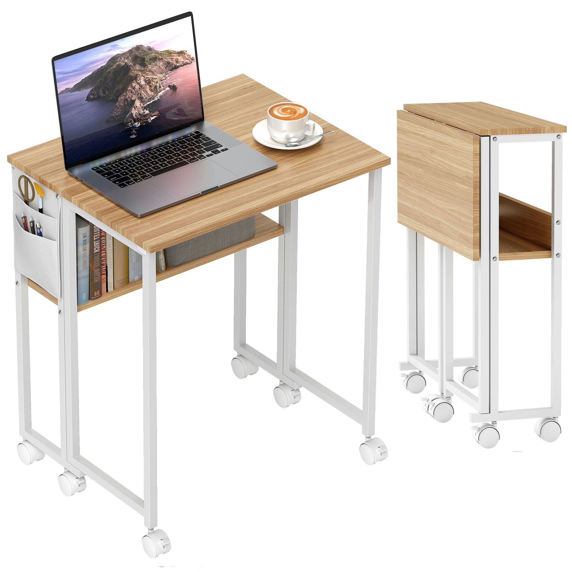 Rackhams White 63 Cm Foldable Computer Desk On Wheels For Small Spaces Natural - 80W X 50D X 75H Cm - 50