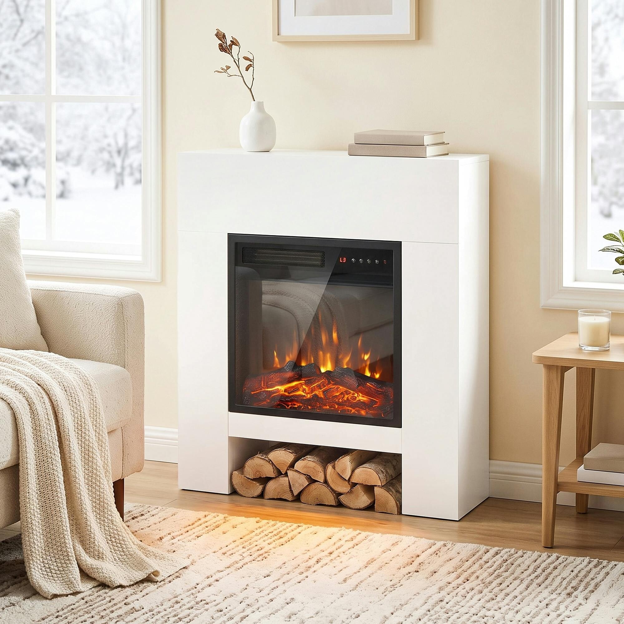 Homcom White Freestanding Electric Fireplace Suite, Electric Fire And Surround With Shelf, Adjustable Flame Effect, Timer, Remote - Image 2