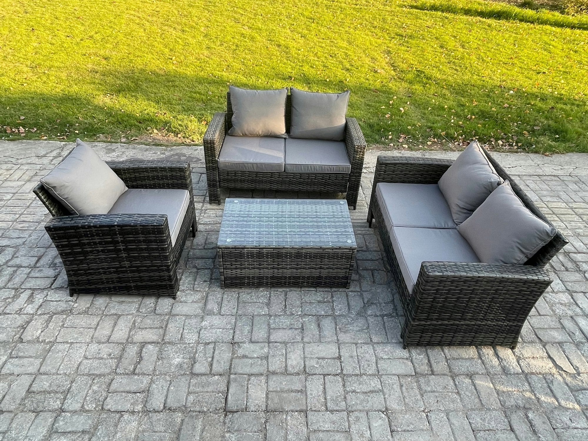 Rackhams Dark/Grey Wicker Rattan Garden Furniture Sofa Set With Rectangular Coffee Table Double Seat Sofa Chair 5 Seater Outdoor Rattan Set Mixed