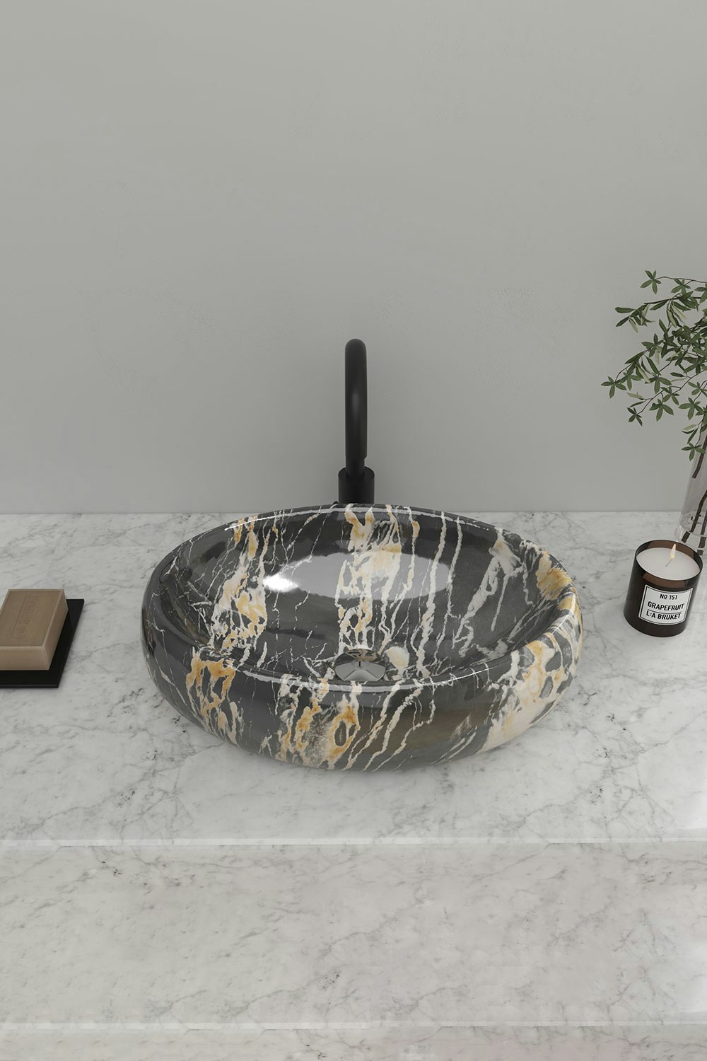 Rackhams Yellow Modern Above Counter Oval Marble Bathroom Vessel Sink