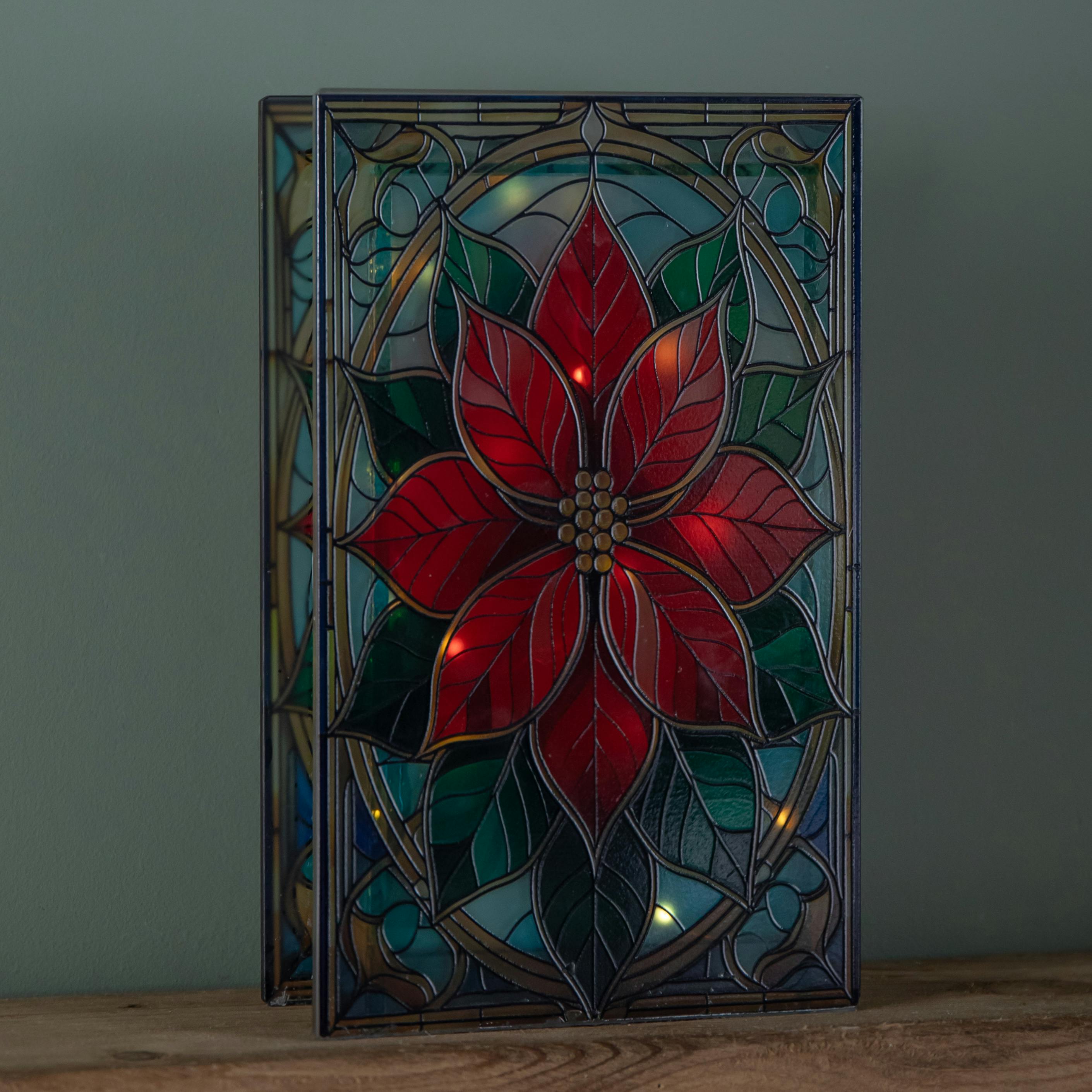 Rackhams Light 21Cm Battery Operated Up Double Sided Stained Glass Poinsettia Decoration With Leds