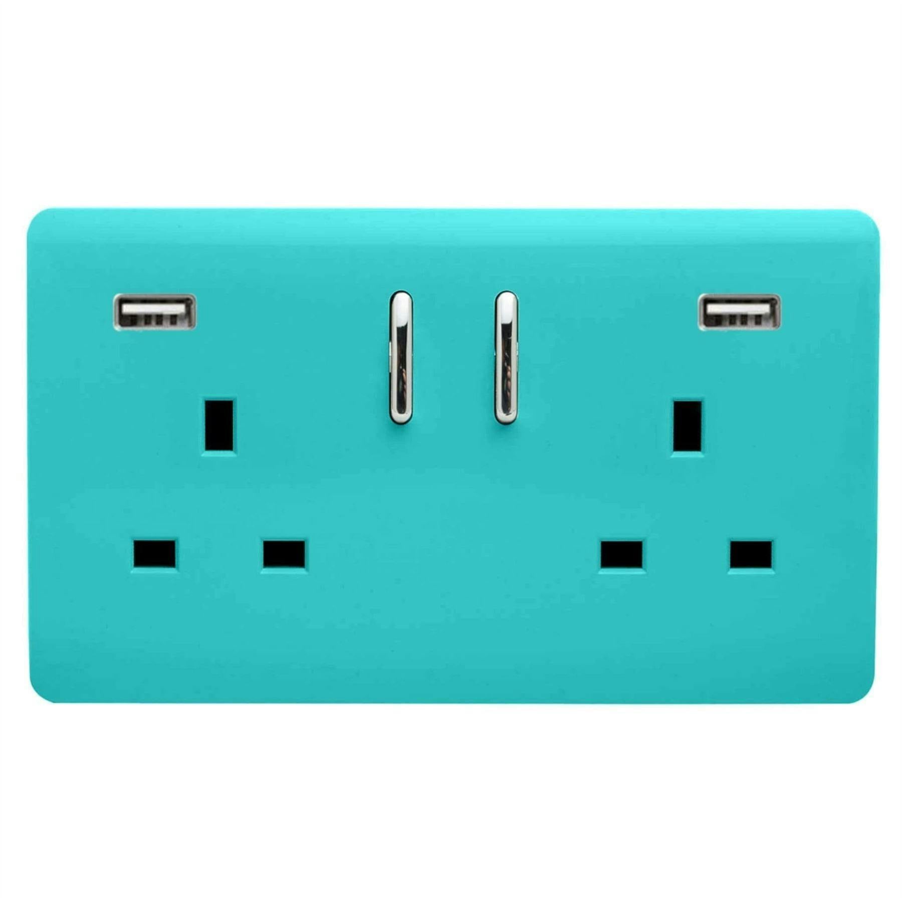 Trendi 2 Gang Modern Glossy 13 Amp 2 x 3.1A USB Switched Plug Socket Bright Teal - Image 3