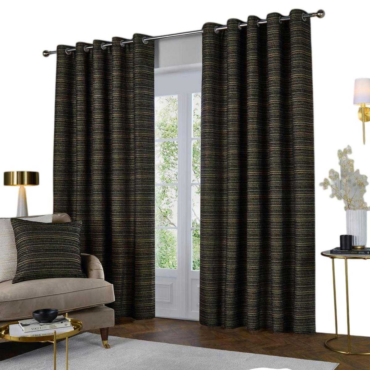 Rackhams Black/Gold Jupiter Chenille Eyelet Curtains - 229Cm X 137Cm - 100% Polyester