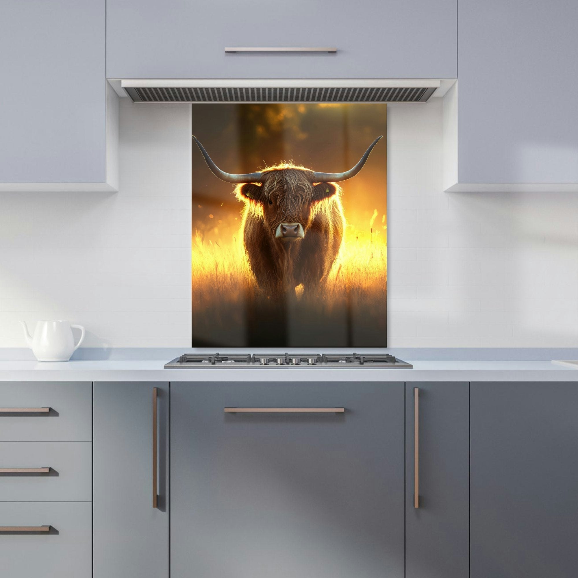 Warren Reed Amber/Golden/Light - Designer Highland Cow Sunset Kitchen Splashback - W600mm X H750mm