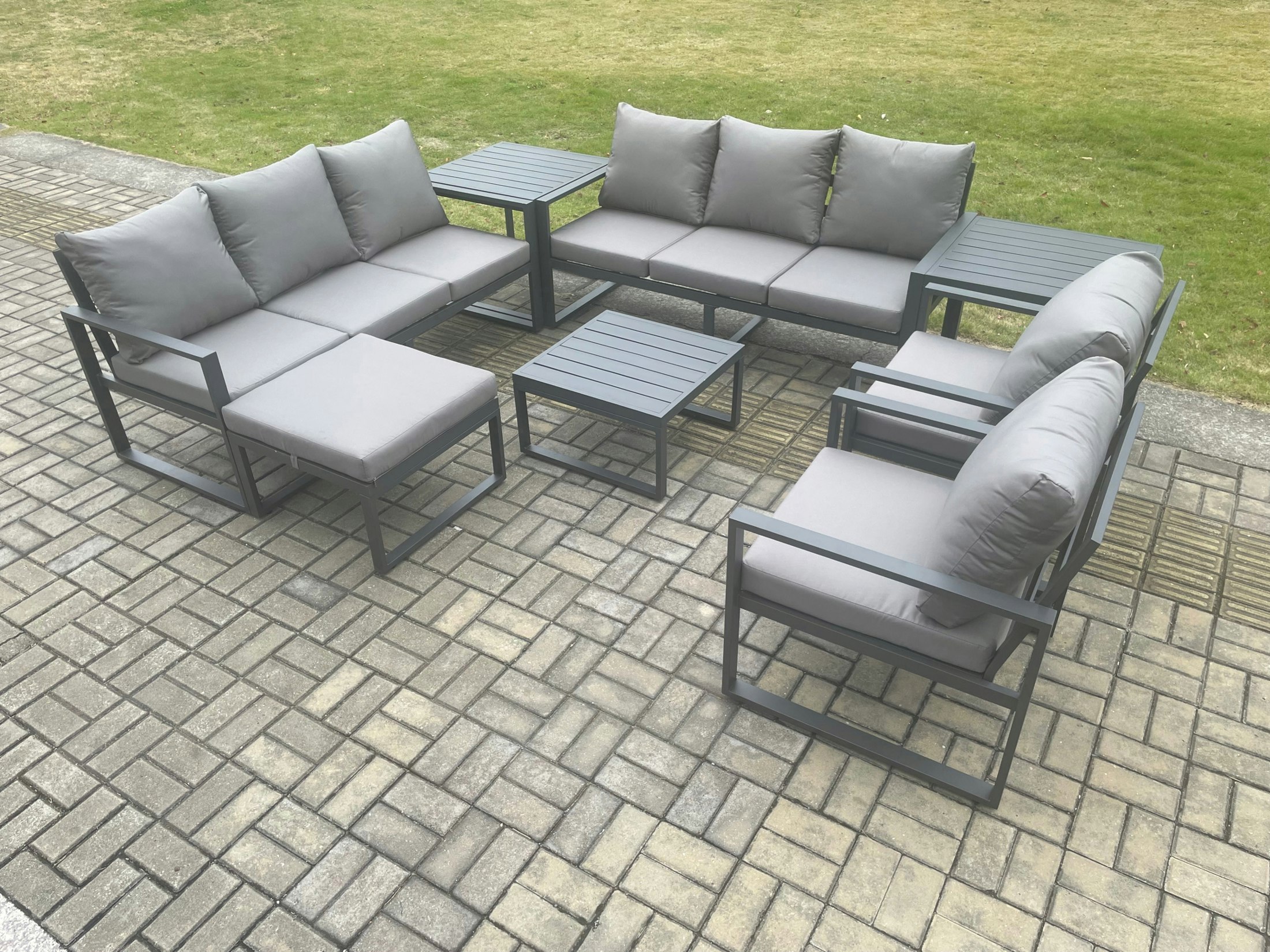 Rackhams Dark/Grey Aluminium Patio Outdoor Garden Furniture Lounge Sofa Set With Square Coffee Table 2 Chairs Big Footstool 2 Side Tables