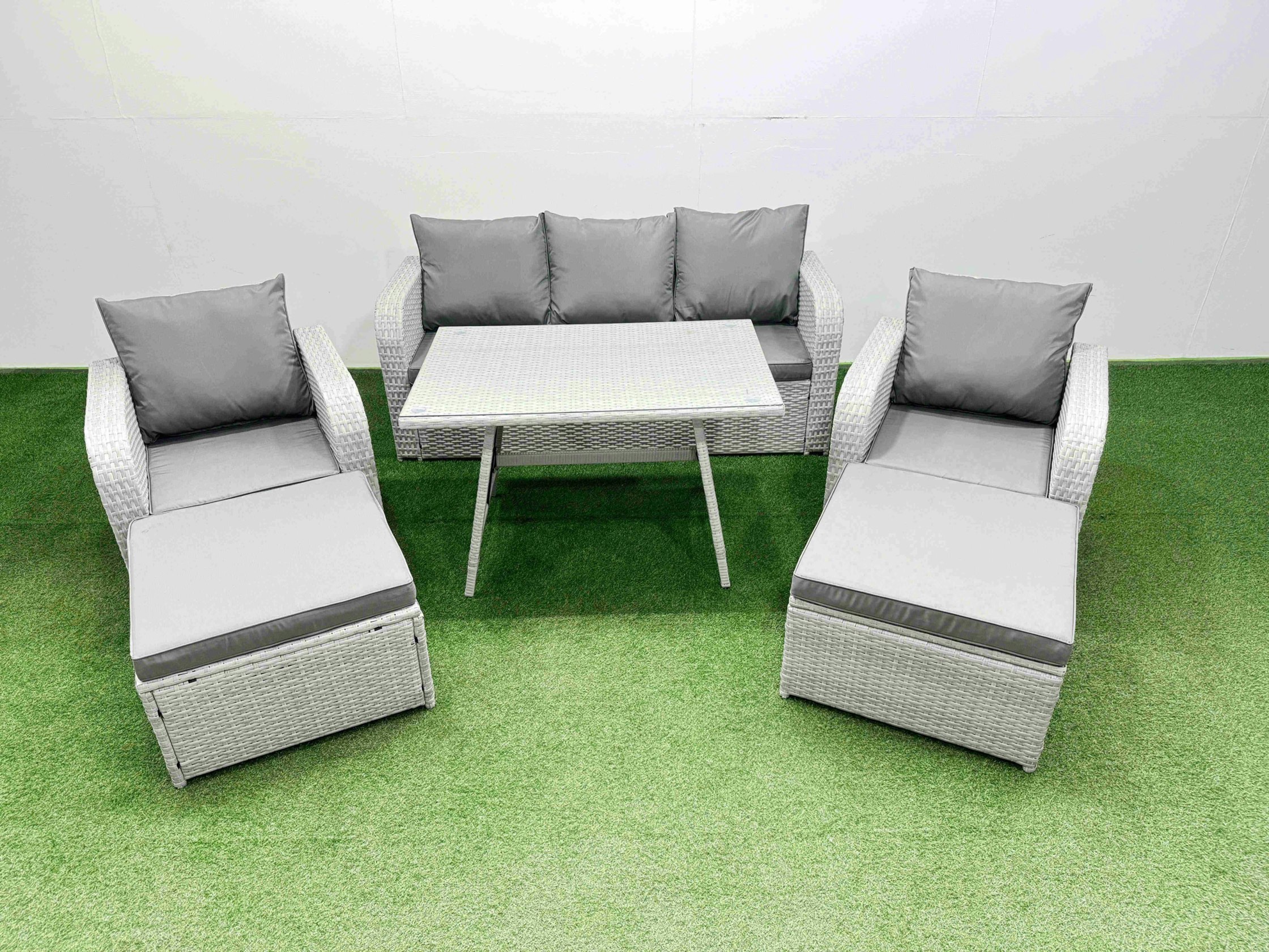 Fimous Light/Grey Reclining Chair 3 Seat Sofa Set Garden Furniture Set With Rectangular Dining Table 2 Big Footstools