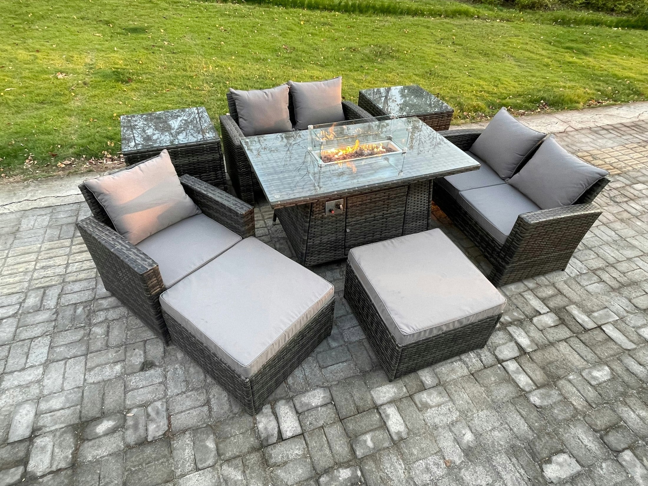 Fimous Dark/Grey 7-Seater Rattan Outdoor Gas Fire Pit Set | Gas Heater, Loveseat, Armchair, 2 Large Footstools, 2 Side Tables |