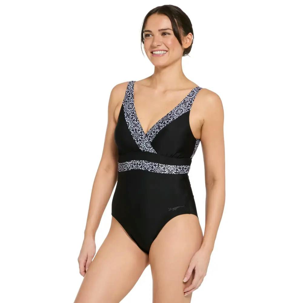 Zoggs Women's Black/White Opulence Squareback Swimsuit - Uk Size 14