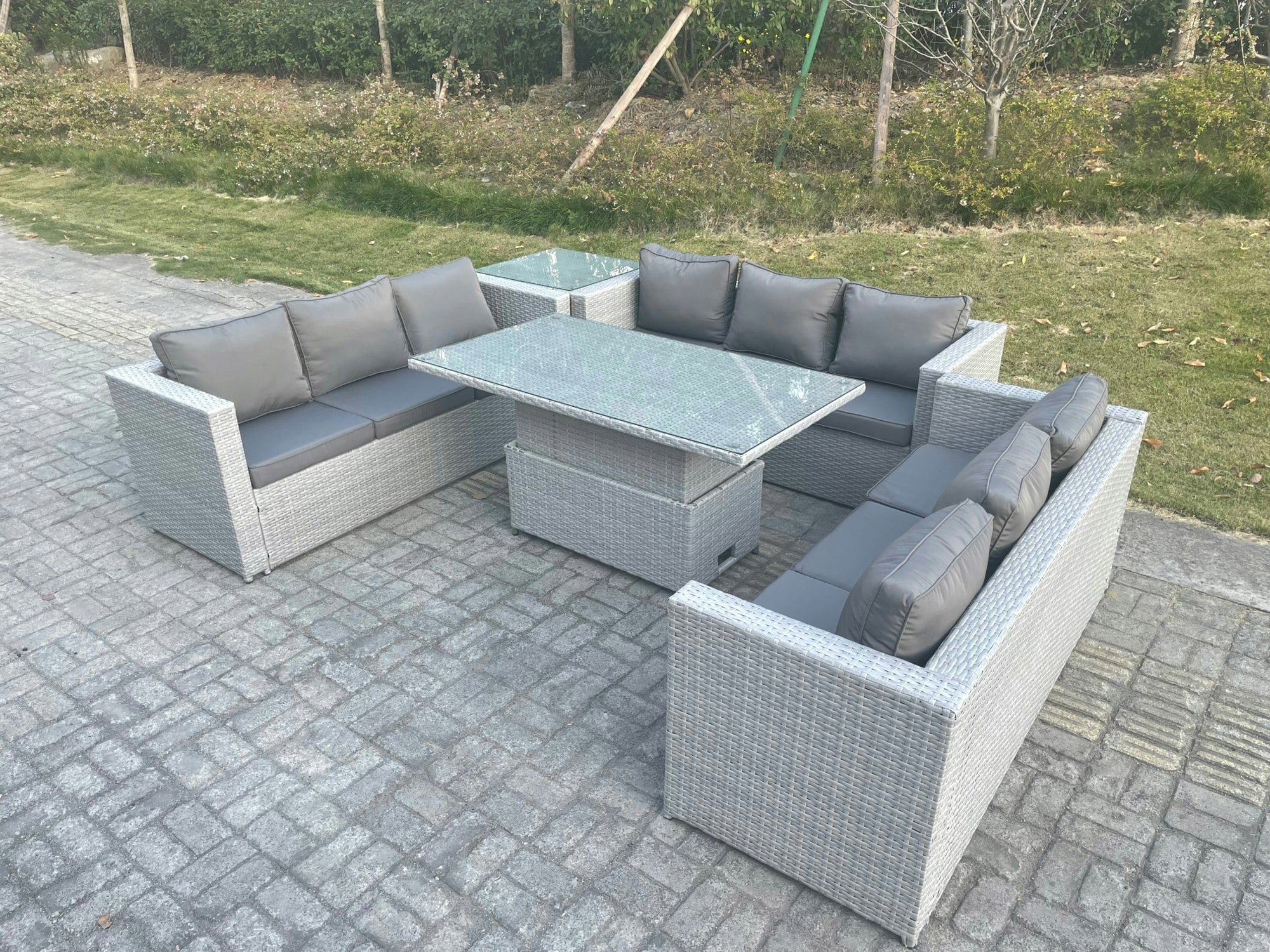 Rackhams Light/Grey/Dark Lounge Rattan Garden Furniture Set Adjustable Rising Lifting Table Dining Set With Side Coffee Tea Table