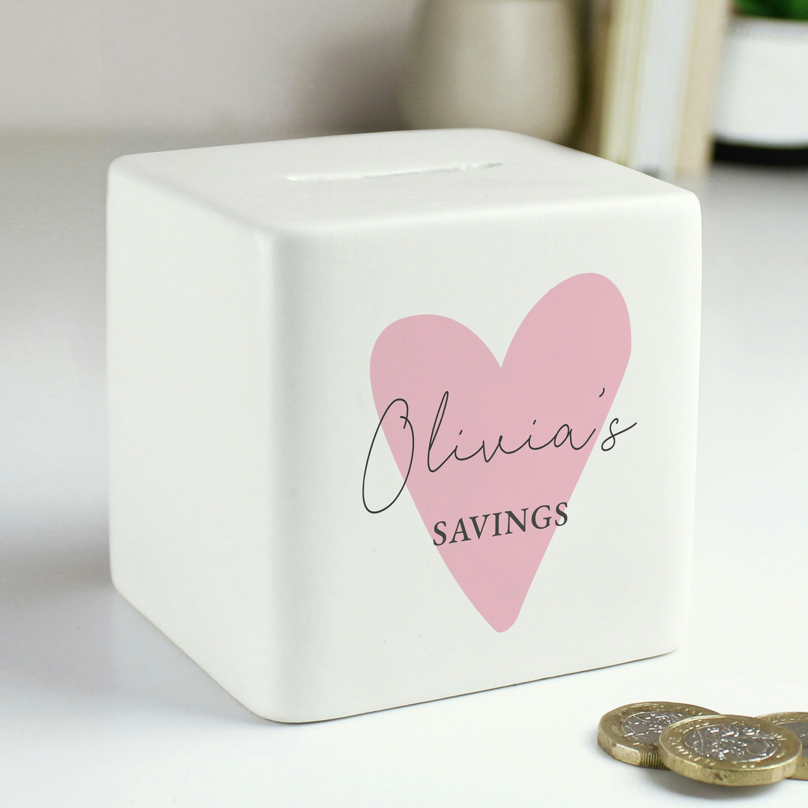 Rackhams Pink Personalised Heart Ceramic Square Money Box