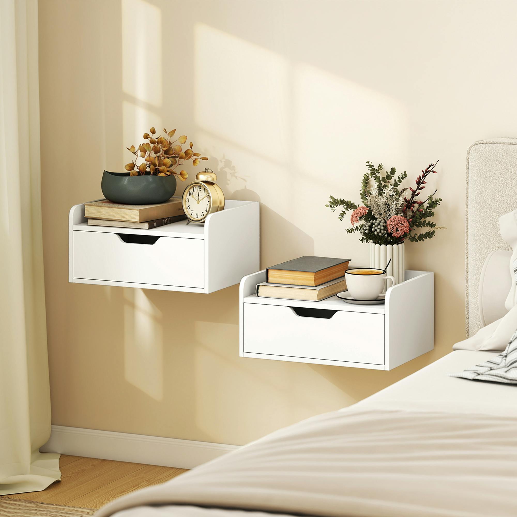 Rackhams White Floating Nightstands Set Of 2, Nightstand With Drawer - 40W X 30D X 19.5H Cm - Set Of 2