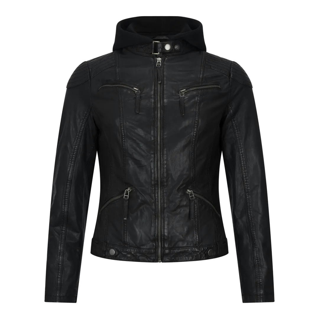 Infinity Leather Women's Black Hooded Biker Leather Jacket - Uk 12