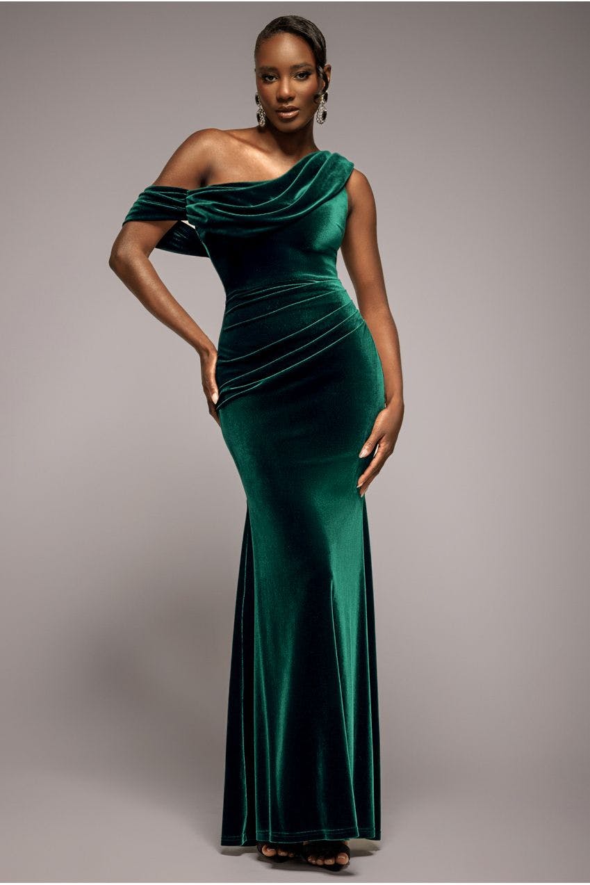 Goddiva Green Cowl One Shoulder Velvet Maxi Dress - Emerald By - Emerald - 18