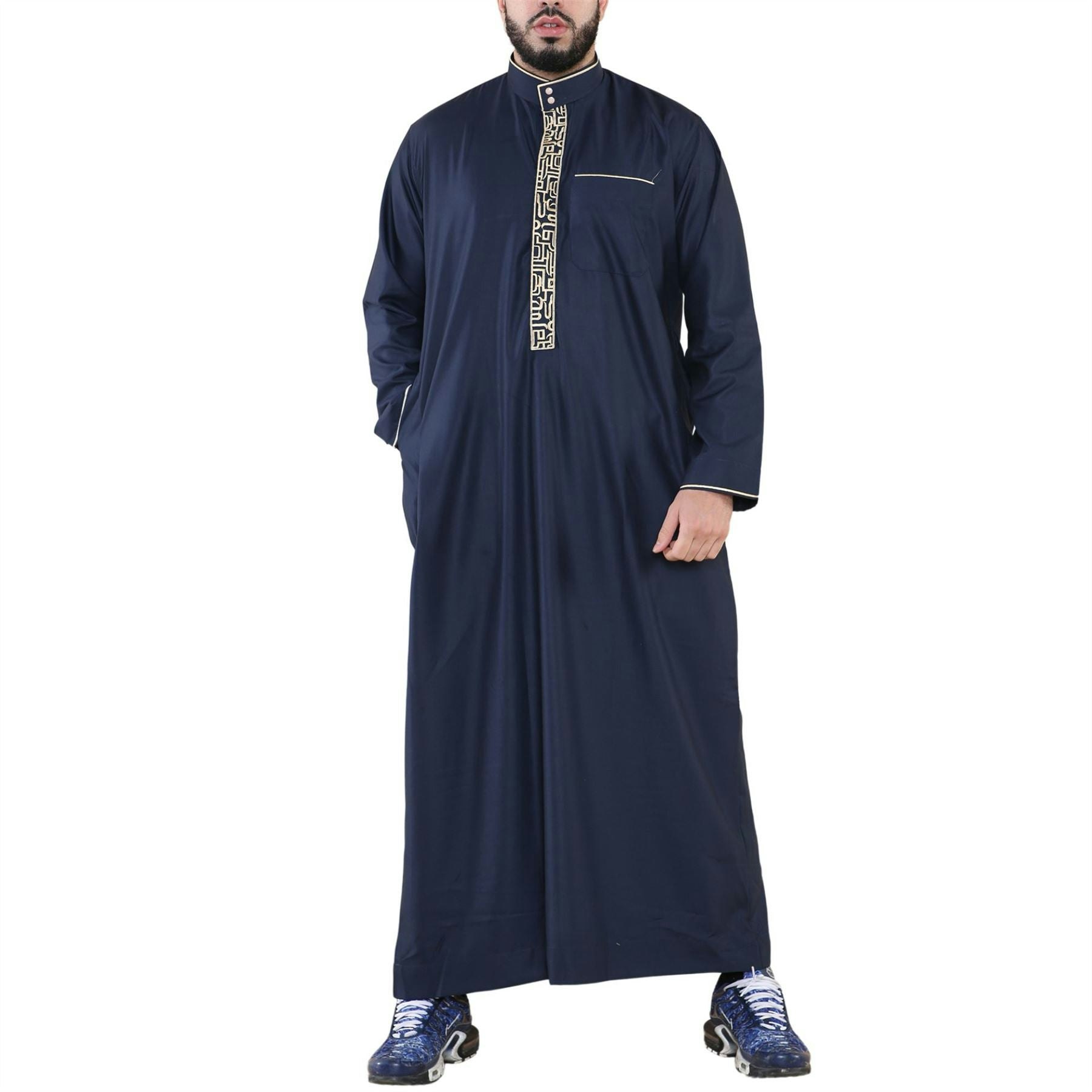 Thobez Men's Thobe Jubba Nehru Islamic Clothing Muslim Cotton Kaftan Embroidery Eid Robe - Navy - Large