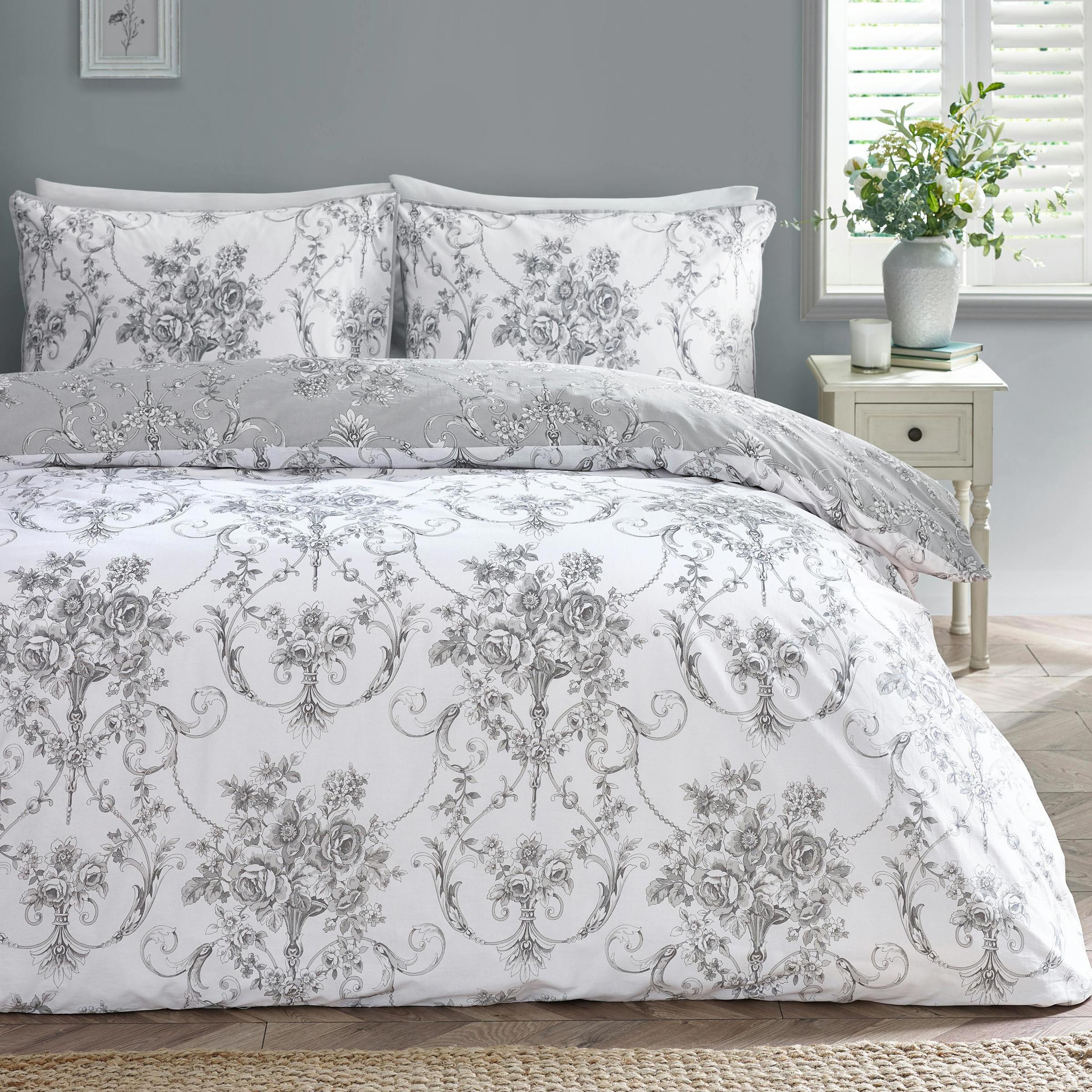 Rackhams Grey Antoinette Damask Reversible Duvet Cover Set - Single