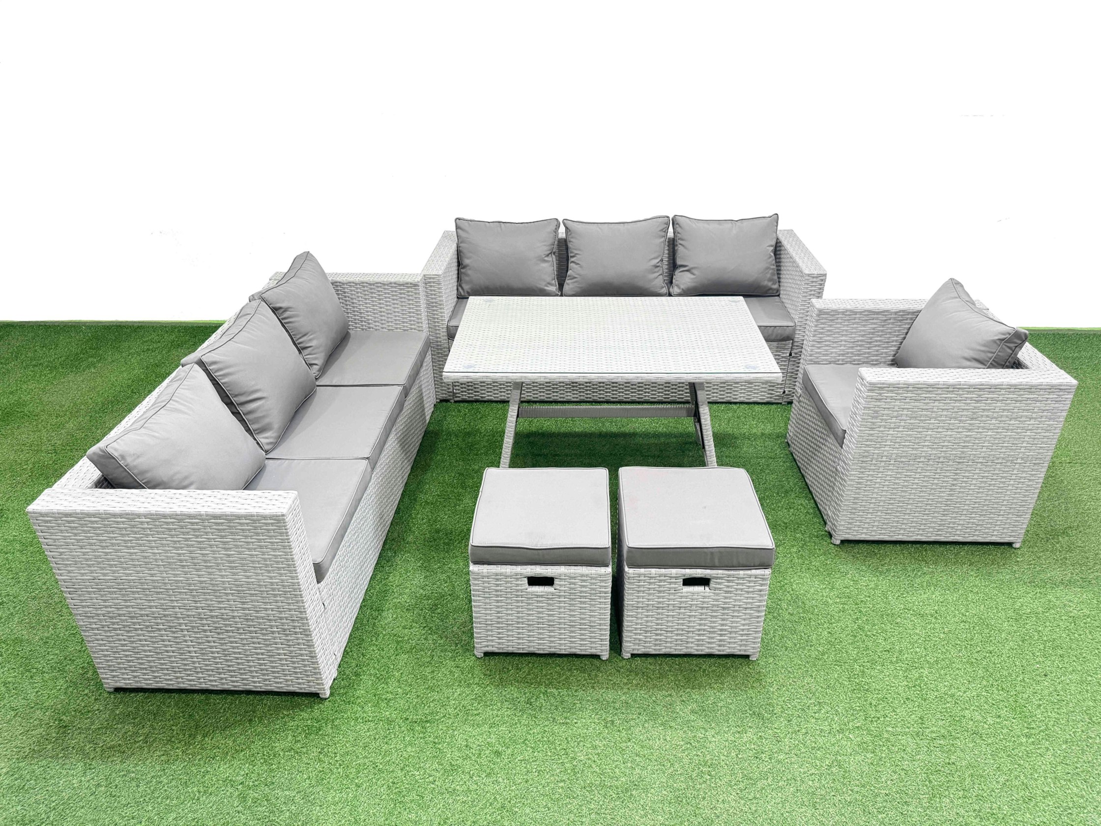 Rackhams Light/Grey/Dark Outdoor Rattan Garden Furniture Dining Set 9 Seater Patio Rectangular Table 3 Seater Sofa Armchair Set With 2 Small Stools