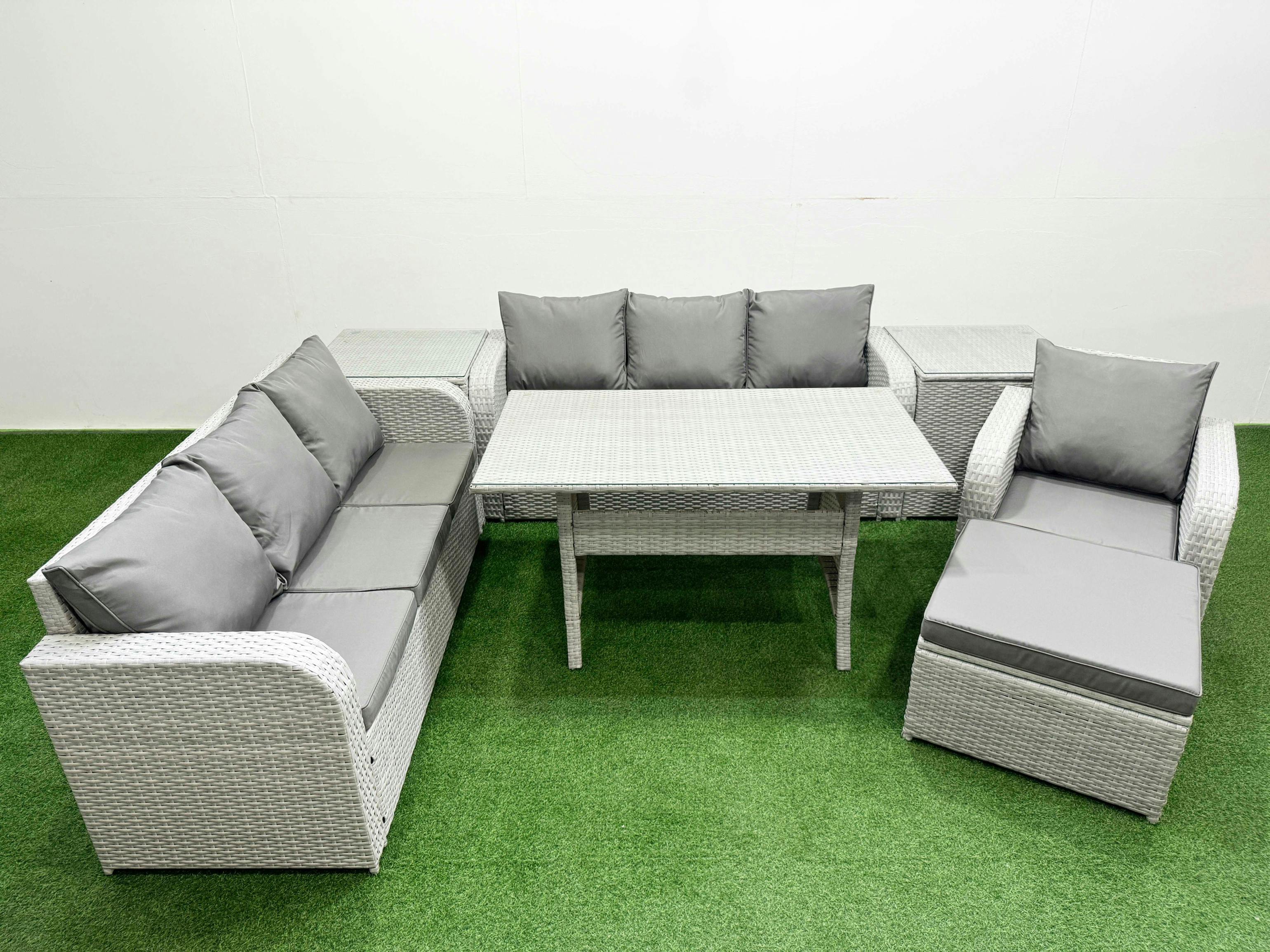 Fimous Light/Grey 8 Seater Poly Rattan Garden Furniture Patio Set, Dining Table, 3 Seater Sofas, Reclining Chair, Big Footstool, 2 Side Tables,