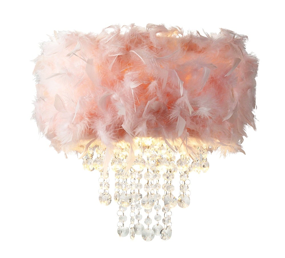 Happy Homewares Pink/Light Contemporary Feather Pendant Shade With Transparent Acrylic Droplets