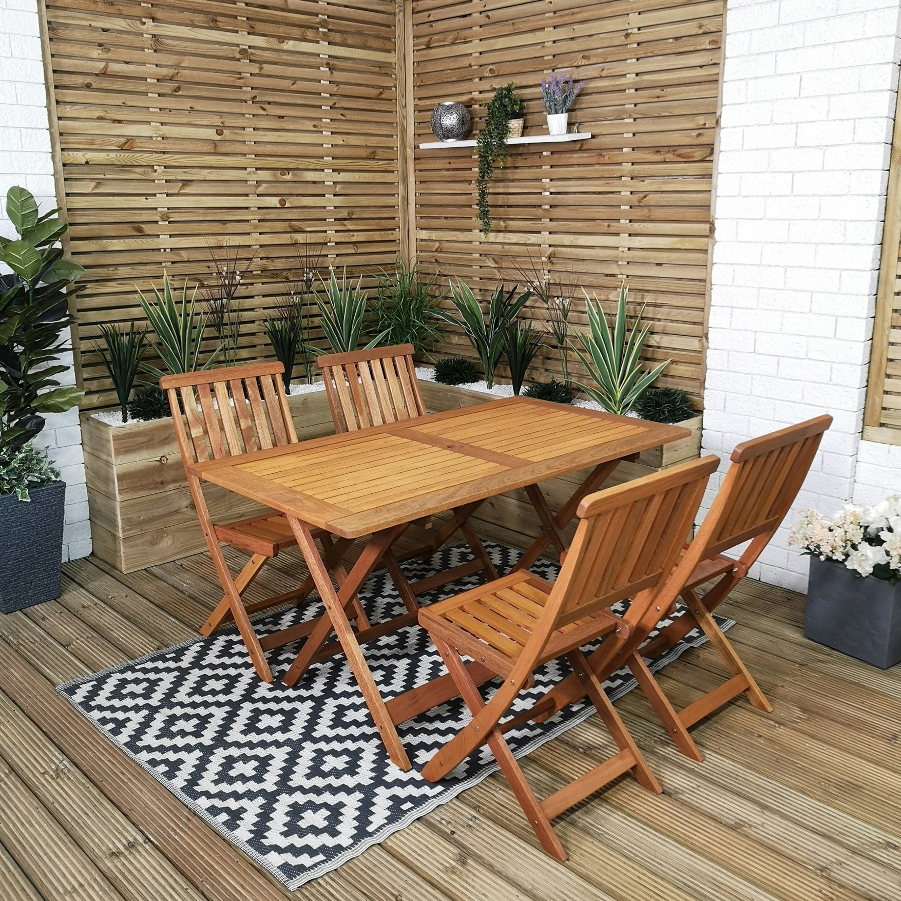 Rackhams Outdoor 4 Person Folding Rectangular Wooden Garden Patio Dining Table Chairs Set - Outdoor Furniture Sets