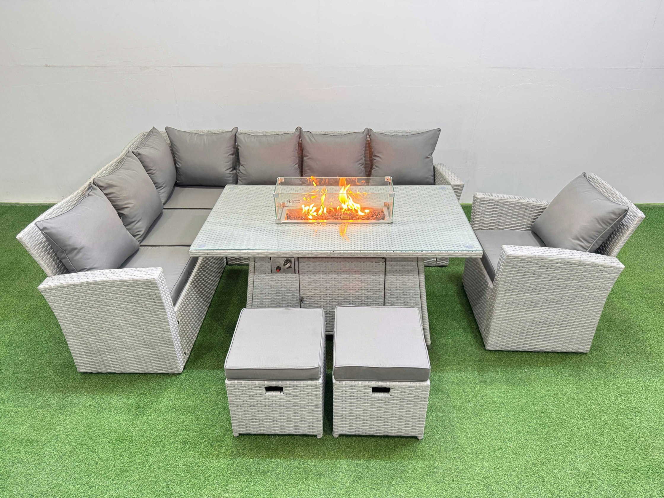 Fimous Light/Grey 9 Seat Rattan Garden Furniture Corner Sofa Set Outdoor Gas Fire Pit Table Sets With 2 Small Footstools