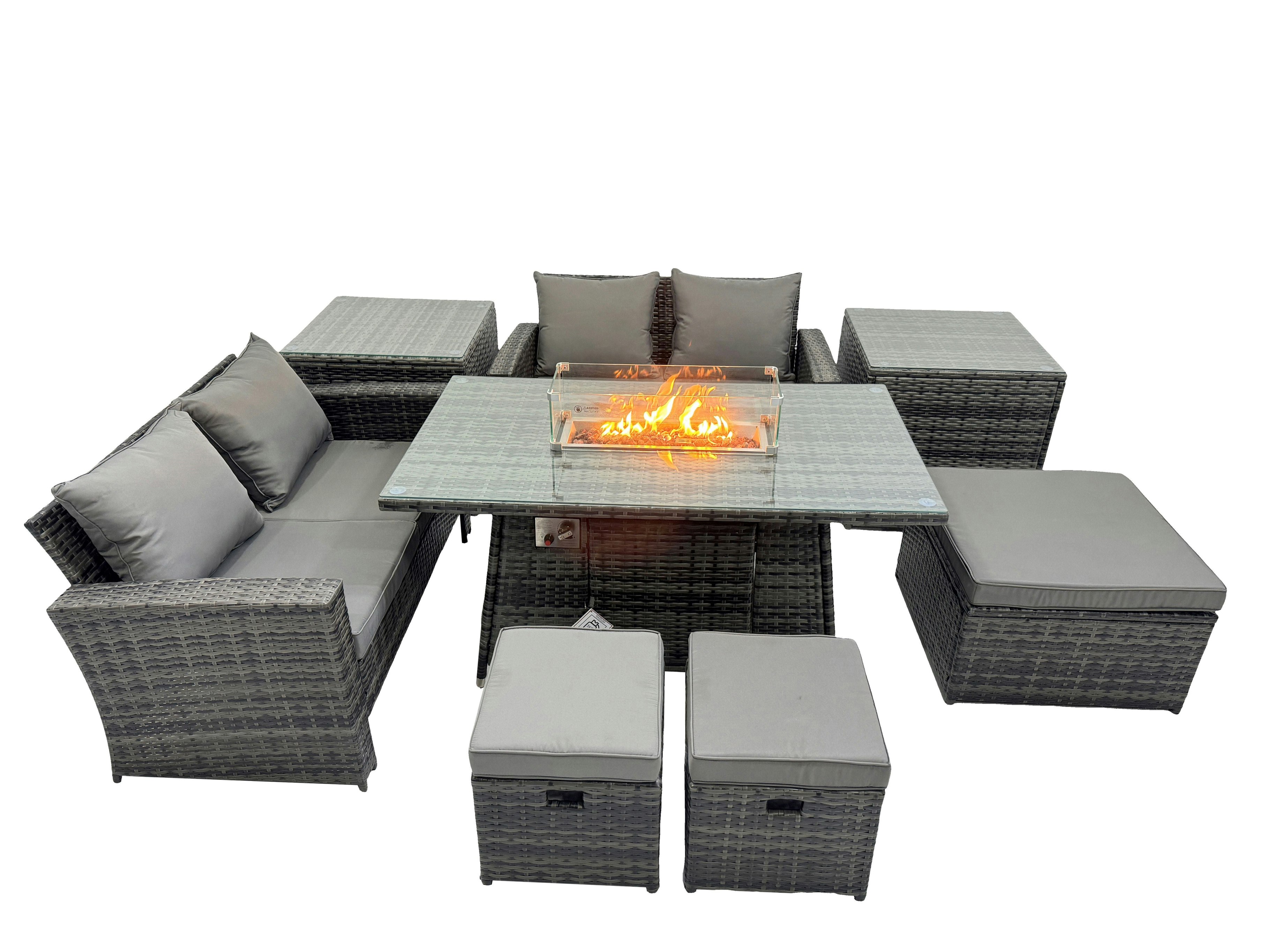Rackhams Dark/Grey Outdoor Love Sofa Set 7 Seat Rattan Garden Furniture Set With Gas Firpit Dining Table 3 Footstools 2 Side Table Mixed