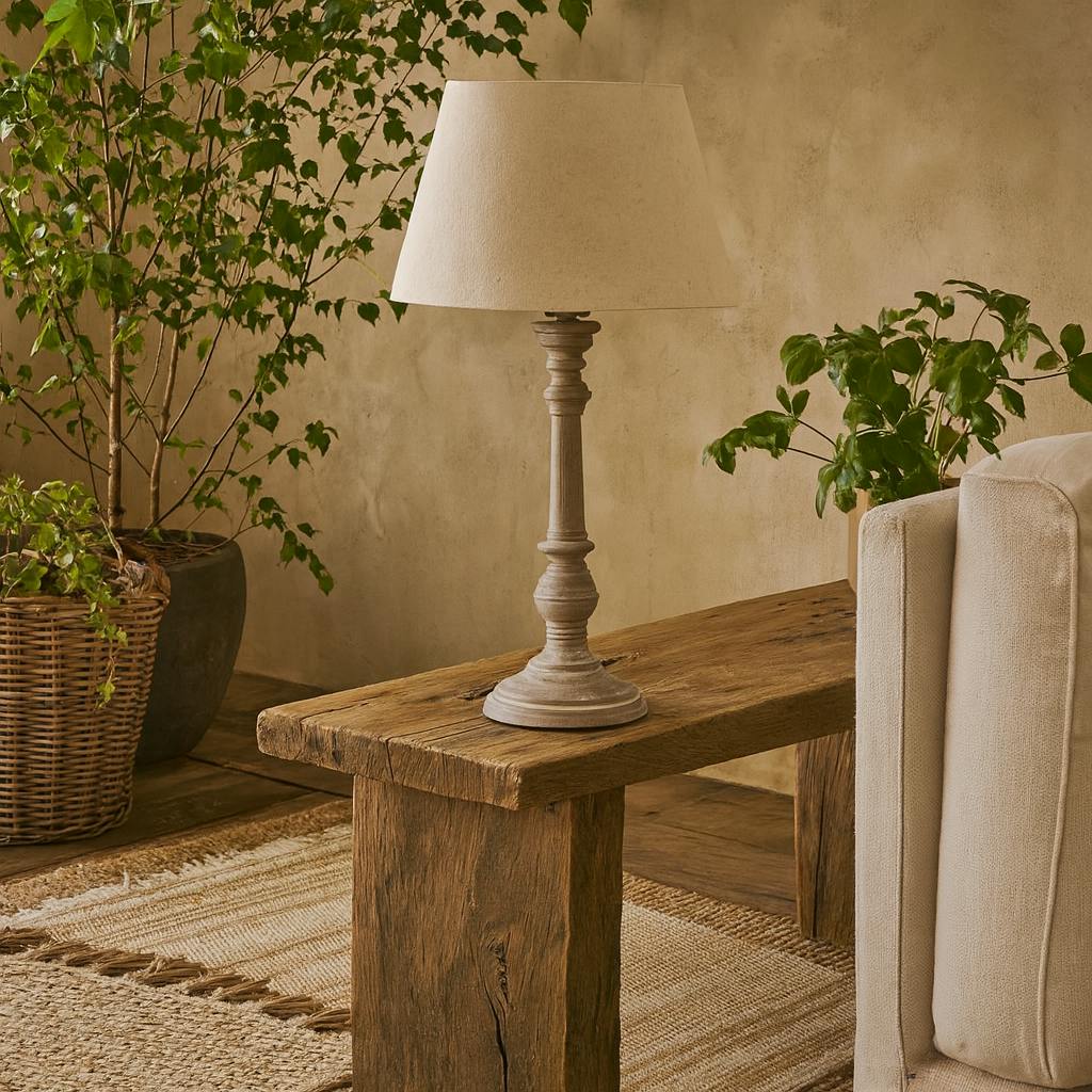 Wyld Haus Grey/Cream Turin Rustic Tall Distressed Wooden Table Lamp With Linen Shade