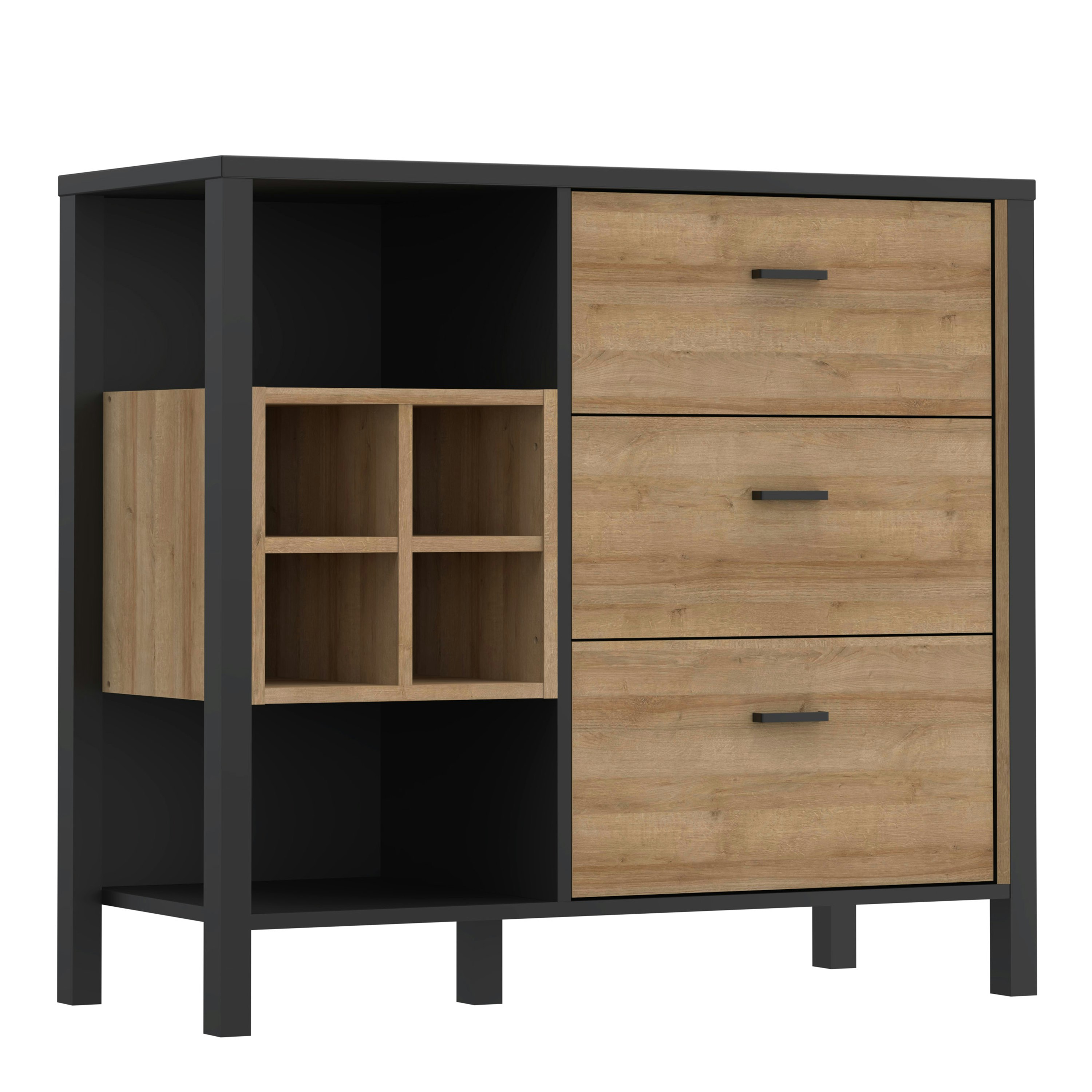 Rackhams Black High Rock 3 Drawer Display Chest In Matt /Riviera Oak - & Riviera Oak - Matt - Melamine