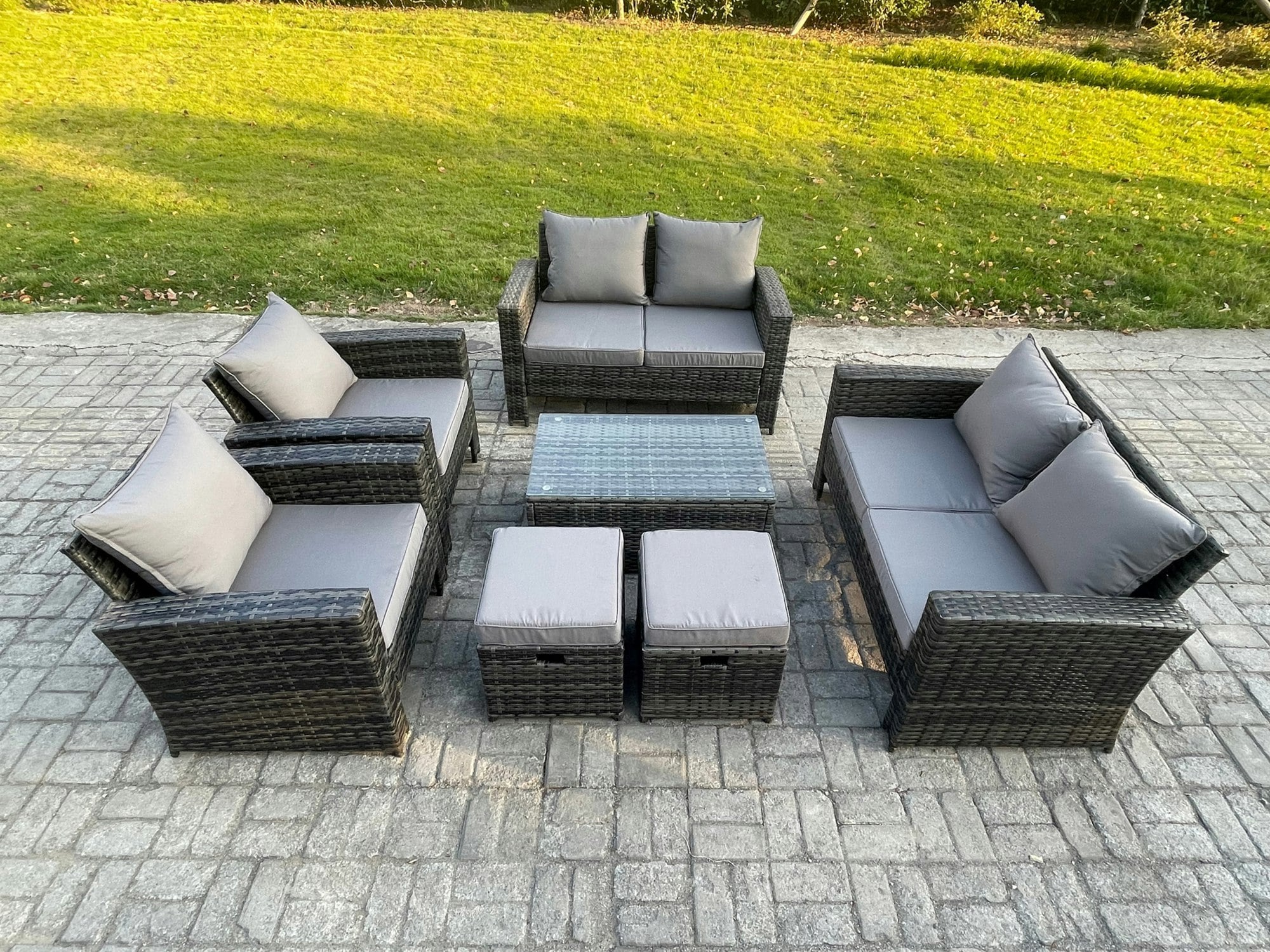 Rackhams Dark/Grey Garden Furniture Sets 7 Pieces Outdoor Rattan Furniture Manual Wicker Patio Sofa Chair Set With Coffee Table 2 Small Footstools Mixed