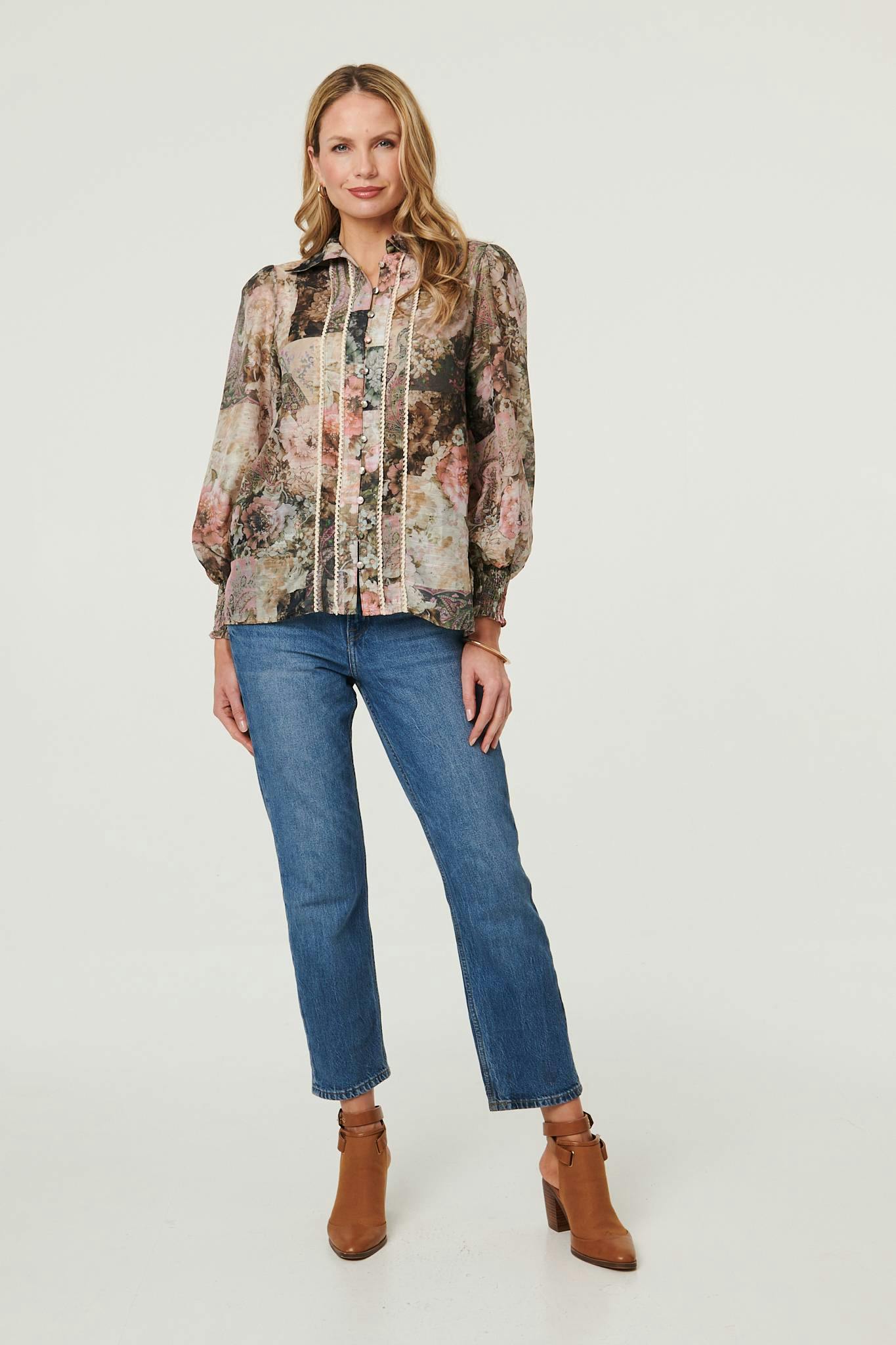 Izabel London Floral Lace Trim Long Puff Sleeve Shirt - 16 - Sage