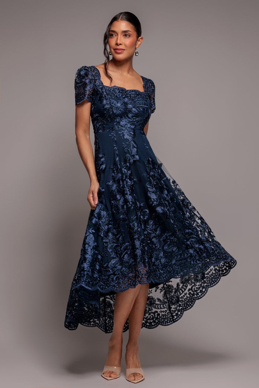 Goddiva Blue Scalloped Neck Embroidered Lace High Low Midi Dress - Navy By - Navy - 8
