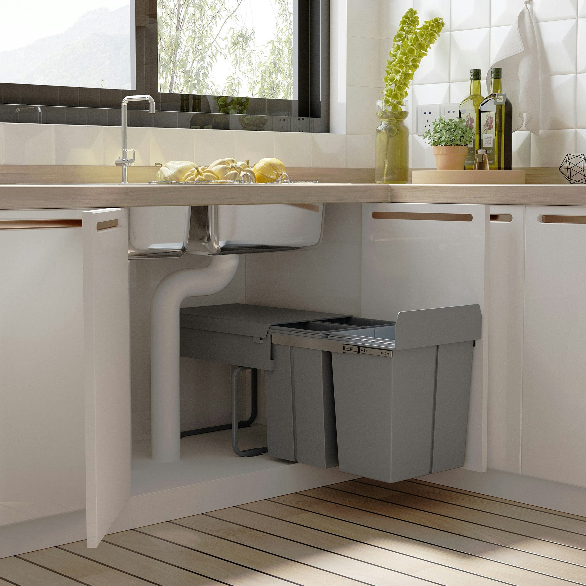 Homcom Grey Recycle Waste Bin 40L Sorter Kitchen Recycle Waste Bin Abs - 22.5L X 15W X 36H (Cm)