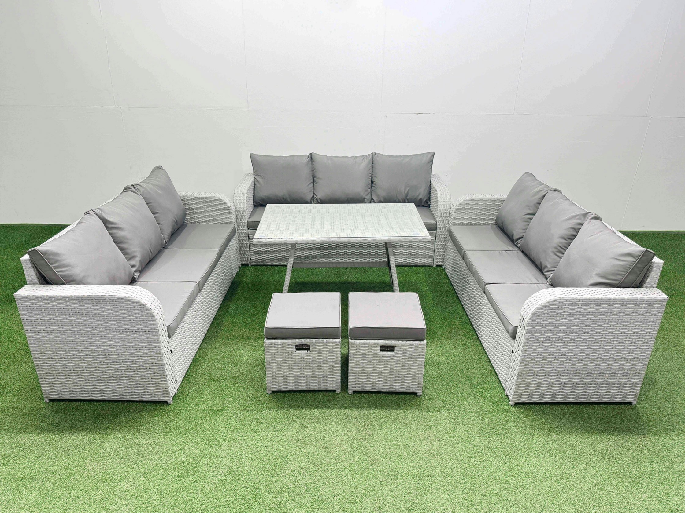 Fimous Light/Grey 11 Seat Outdoor Pe Rattan Garden Furniture With Cushions 3 Seater Sofa 2 Small Stools