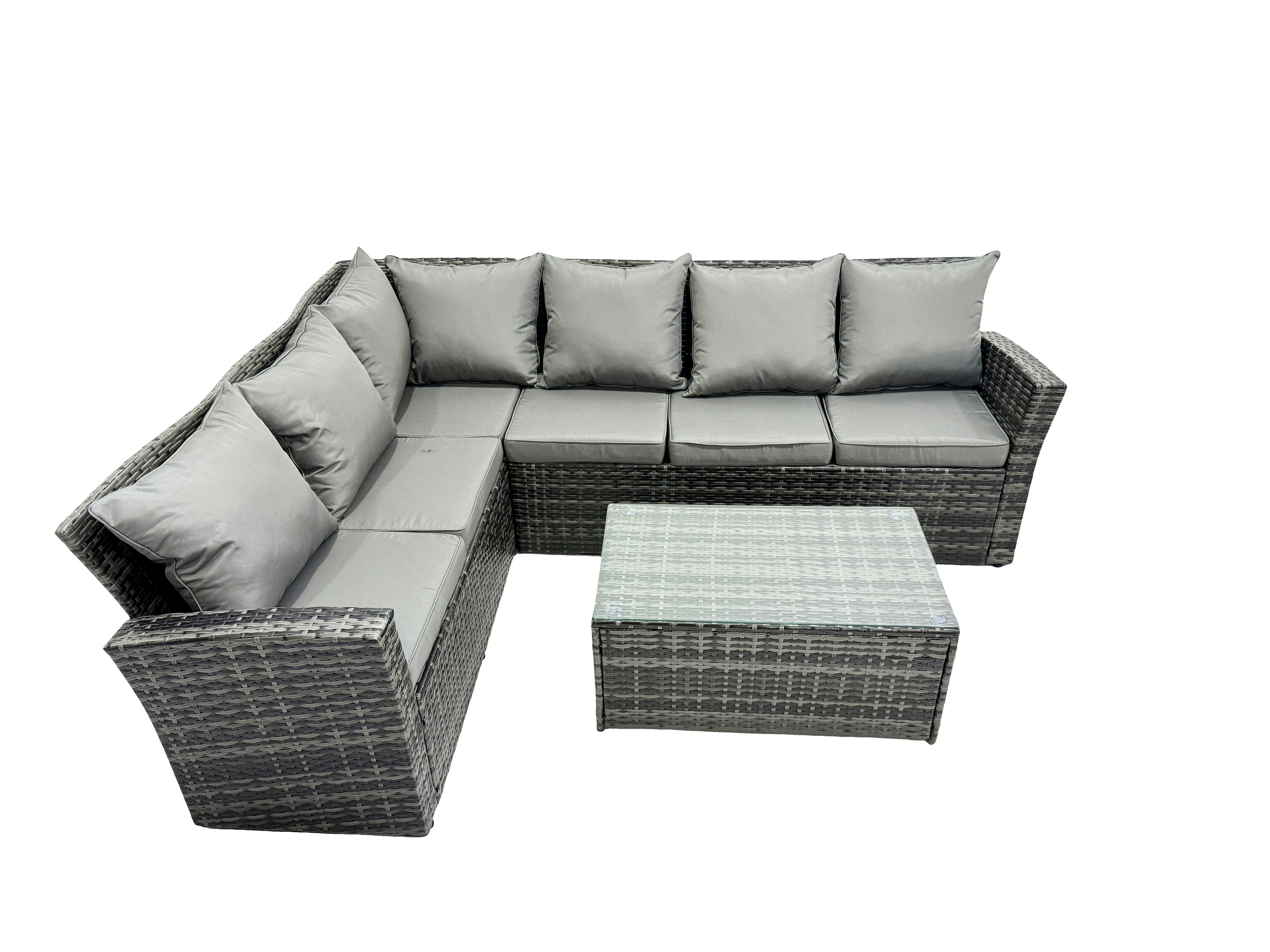 Rackhams Dark/Grey High Back Rattan Corner Sofa Set Oblong Coffee Table Outdoor Furniture Left Option