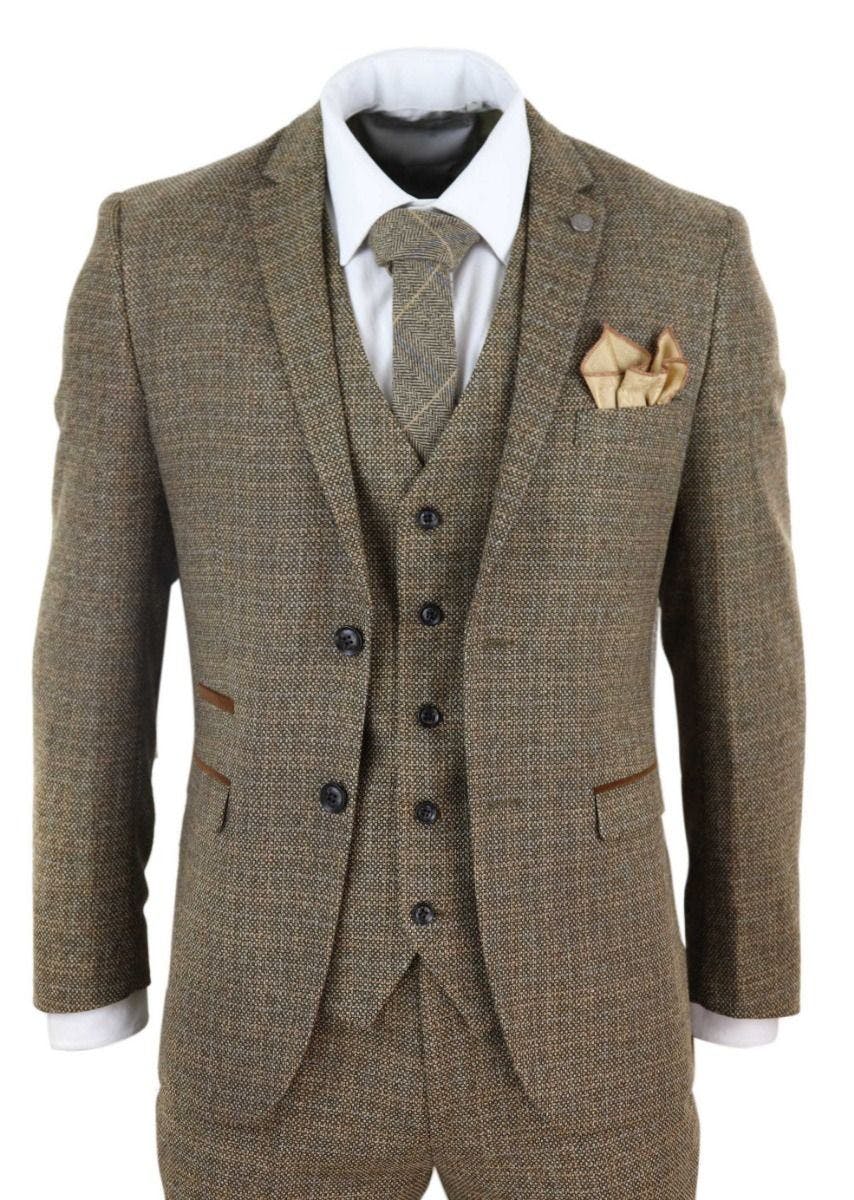 Paul Andrew Men's Brown 3 Piece Tweed Check Vintage Retro Suit - 38" Jacket 32" Trousers