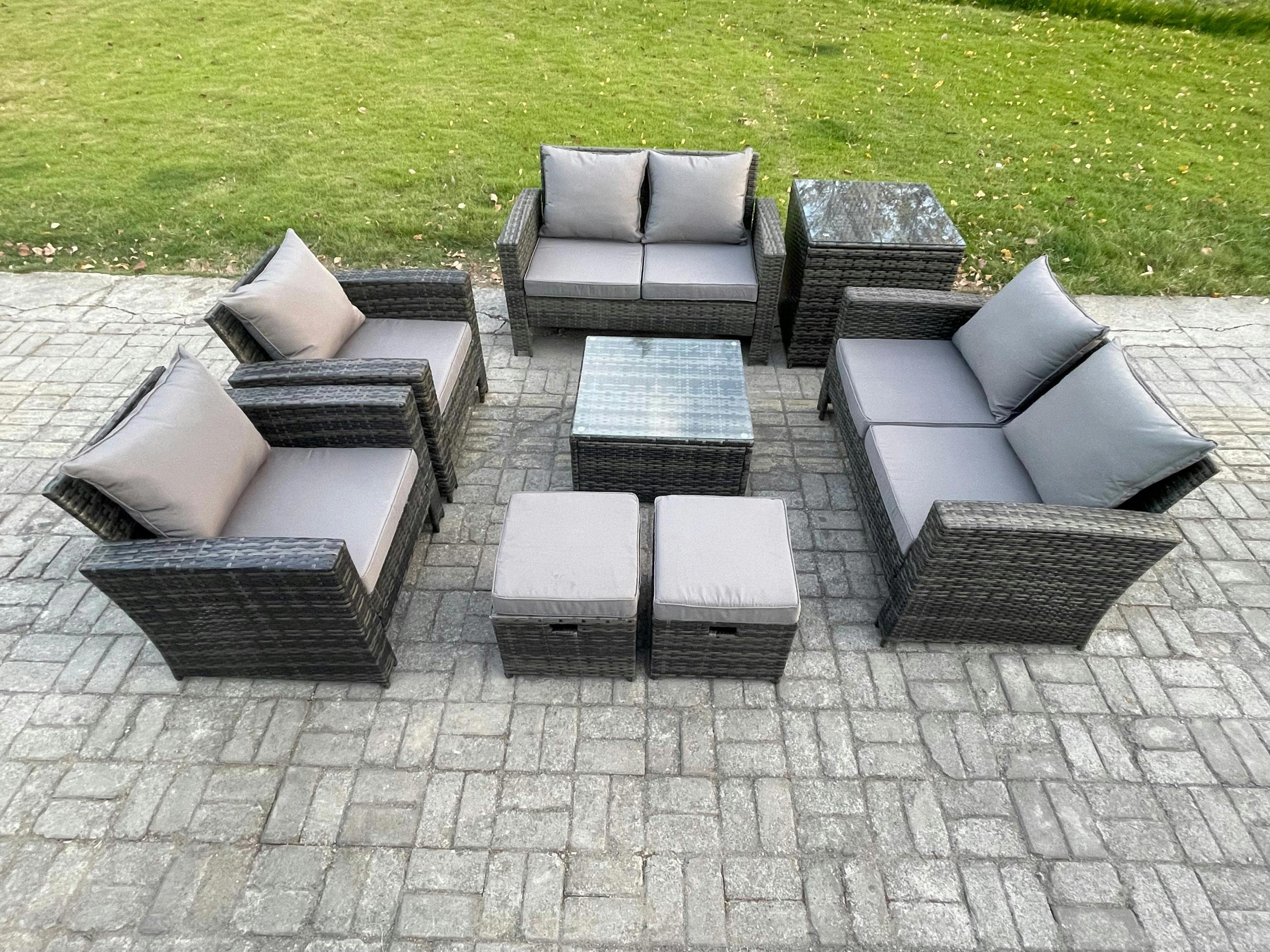 Fimous Dark/Grey 8 Seater Rattan Garden Set, Patio Outdoor Lounge Sofa, Coffee Table, Double Seat Sofa, Side Table And 2 Small Footstools, Mixed